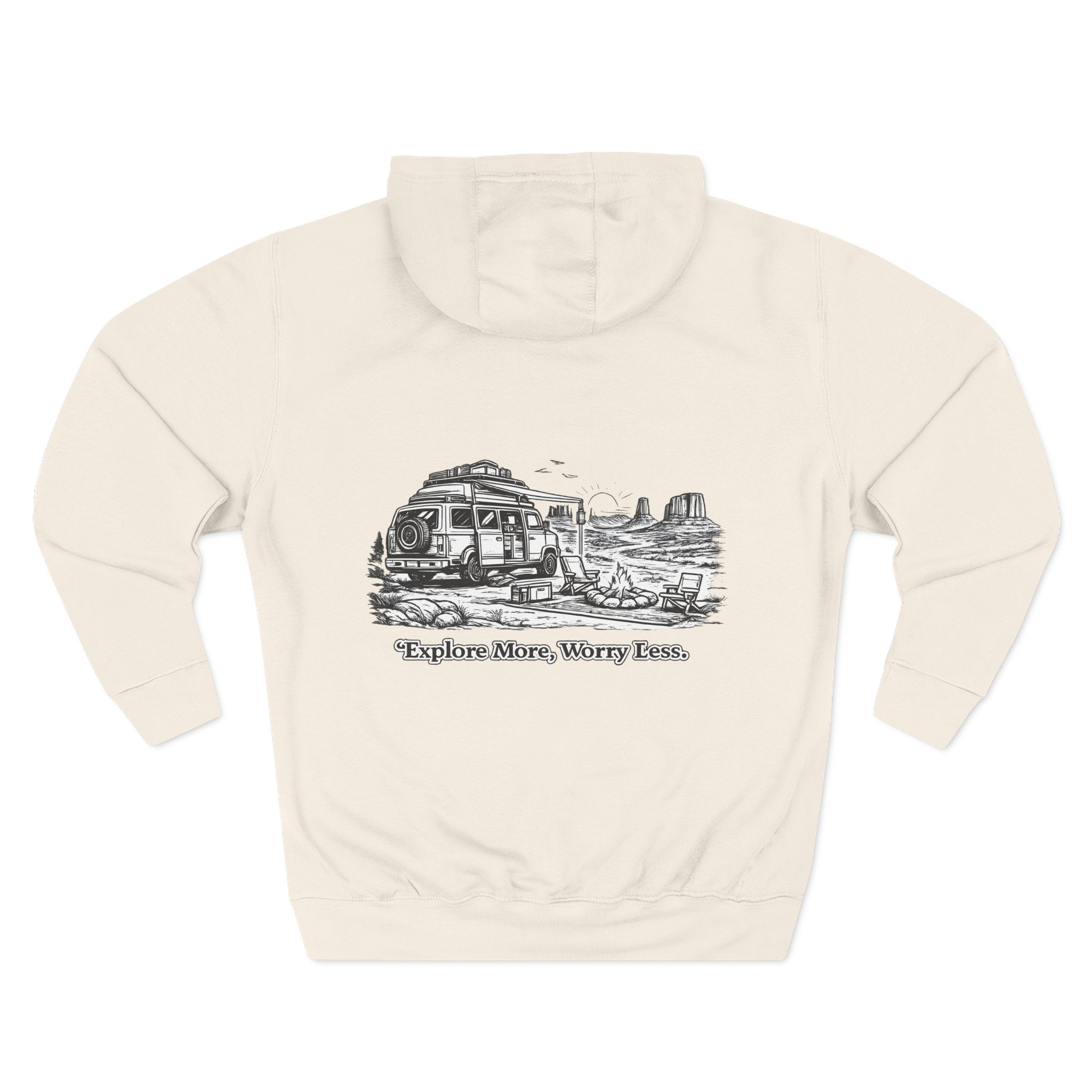 Three-Panel Fleece Hoodie - "Explore More Worry Less" Design Minimal-Line