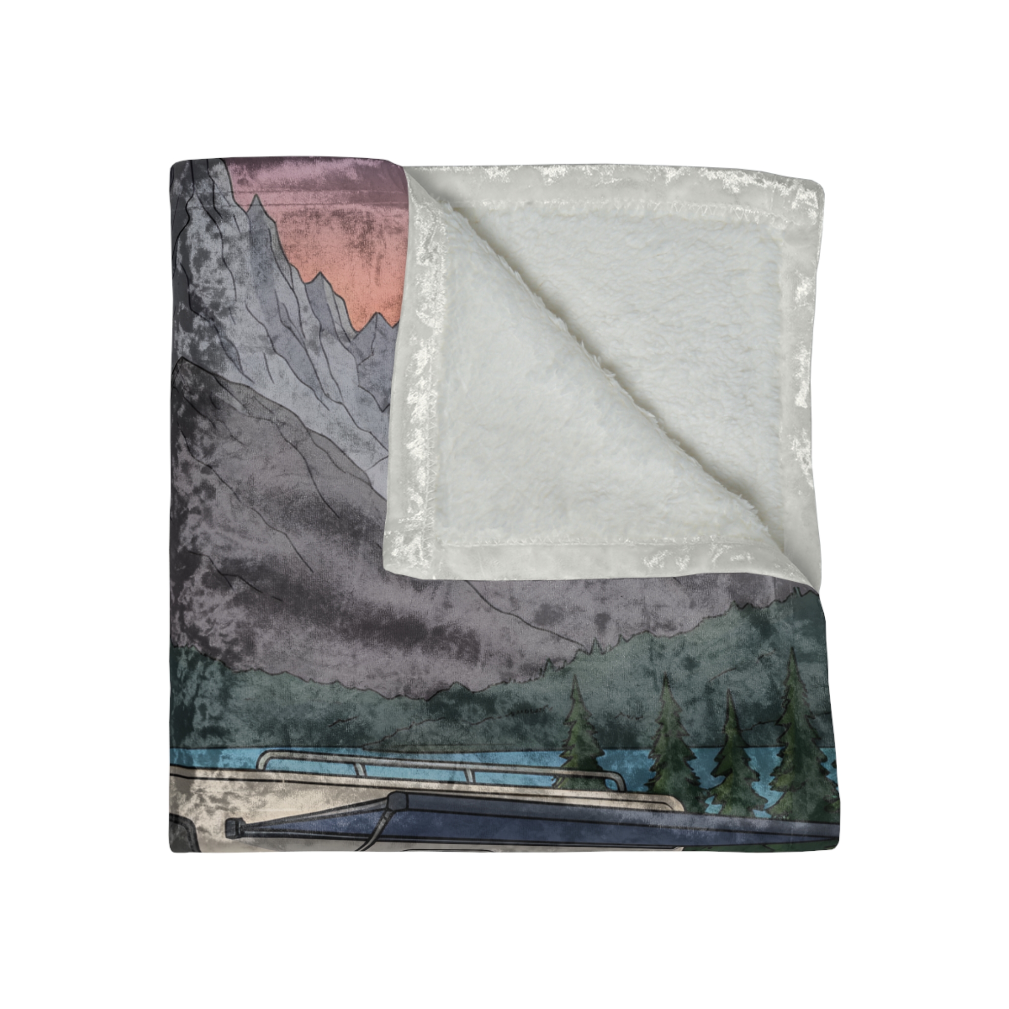 Crushed Velvet Blanket —"The World Awaits" Design Sitcom-Line (Campervan)