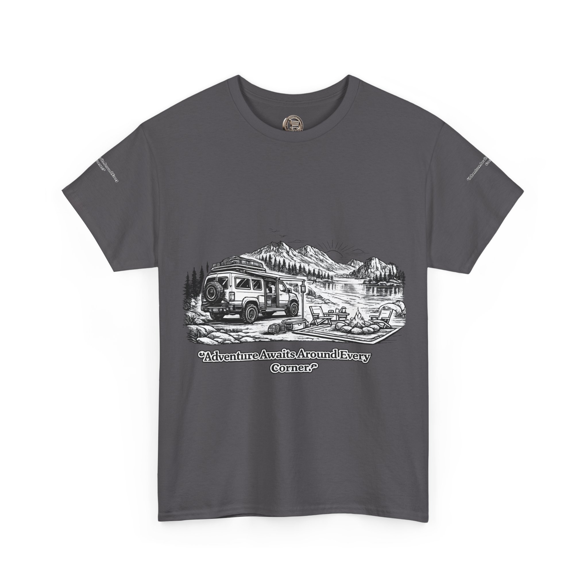 Unisex Heavy Cotton Tee — "Adventure Awaits Around Every Corner" Design Minimal-Line
