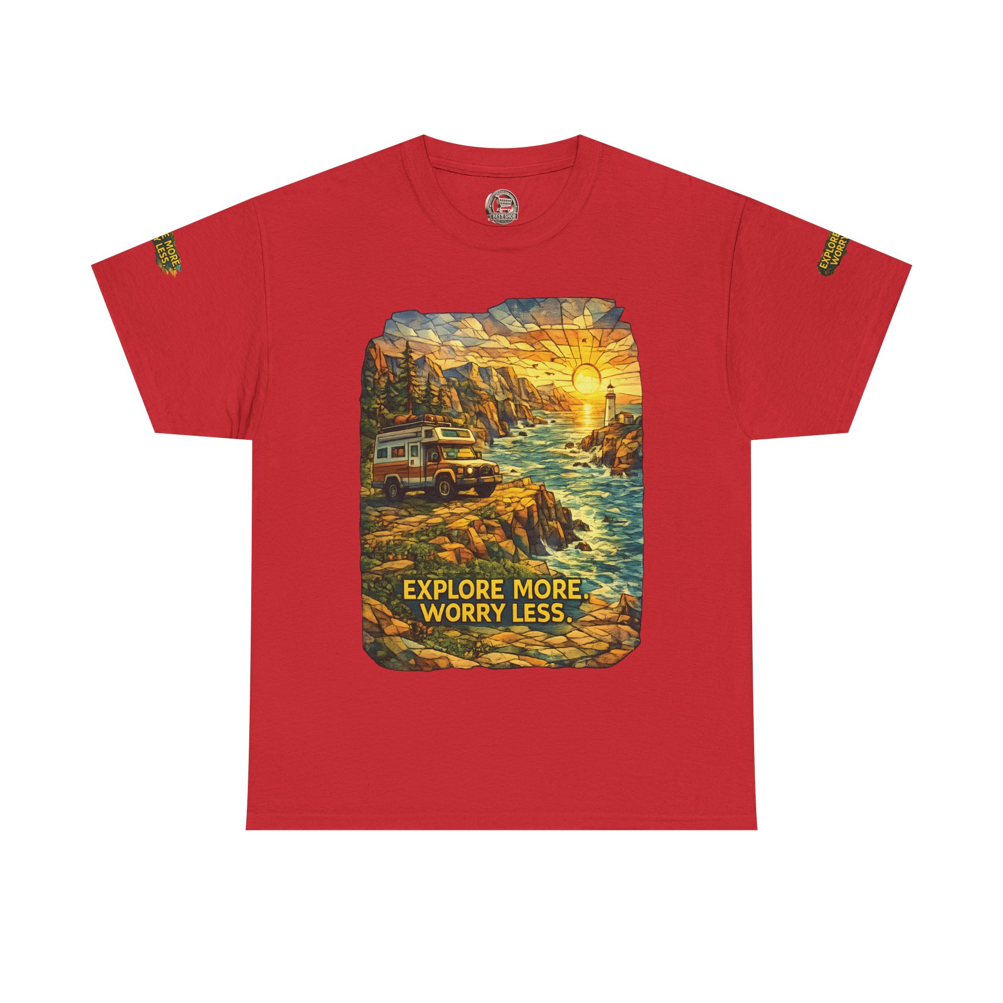 Unisex Heavy Cotton Tee — "Explore More Worry Less" Design Cubic-Line