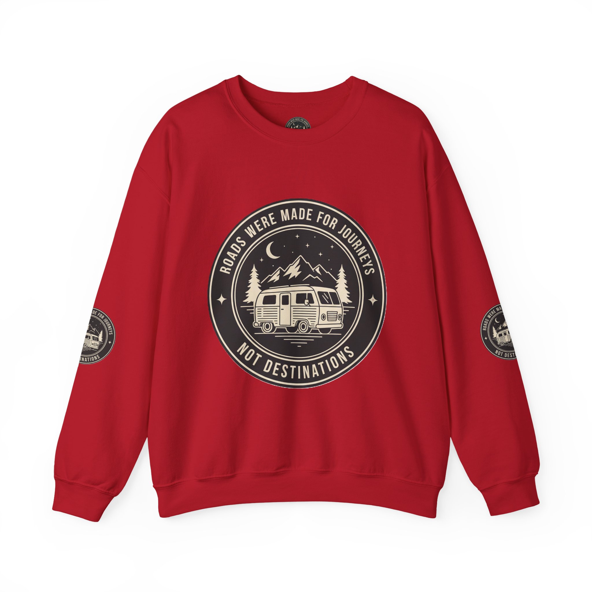 Crewneck Sweatshirt — "ROAD WHERE MADE FOR JOURNEYS-NOT DESTINATIONS" (Font + Back + Sleaves printed) Vintage Camper Van Outdoor Graphic