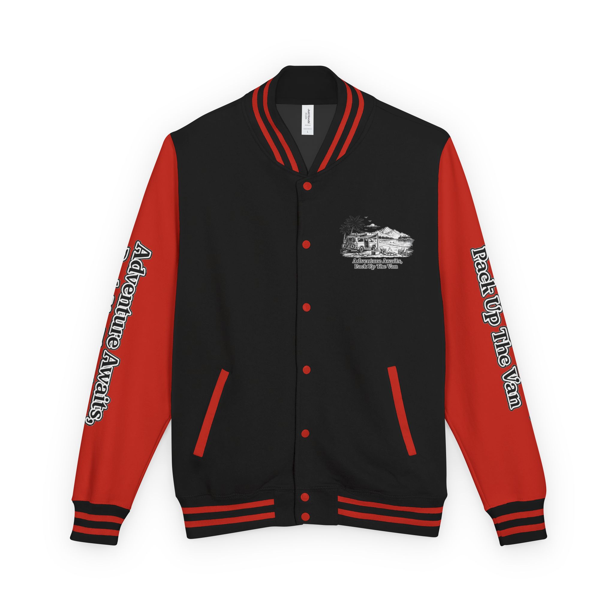 Unisex Heavyweight Letterman Jacket — "Adventure Awaits,Pack Up The Van" Travel Varsity Coat
