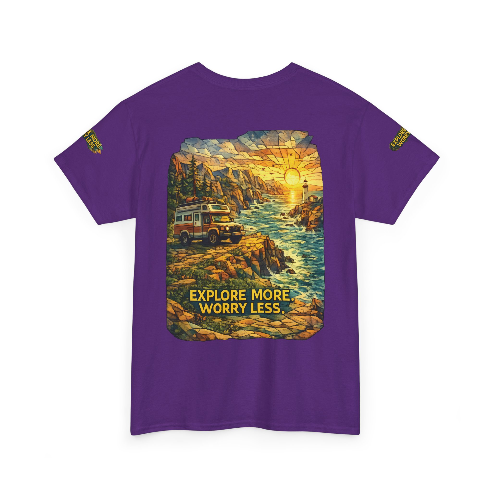 Unisex Heavy Cotton Tee — "Explore More Worry Less" Design Cubic-Line