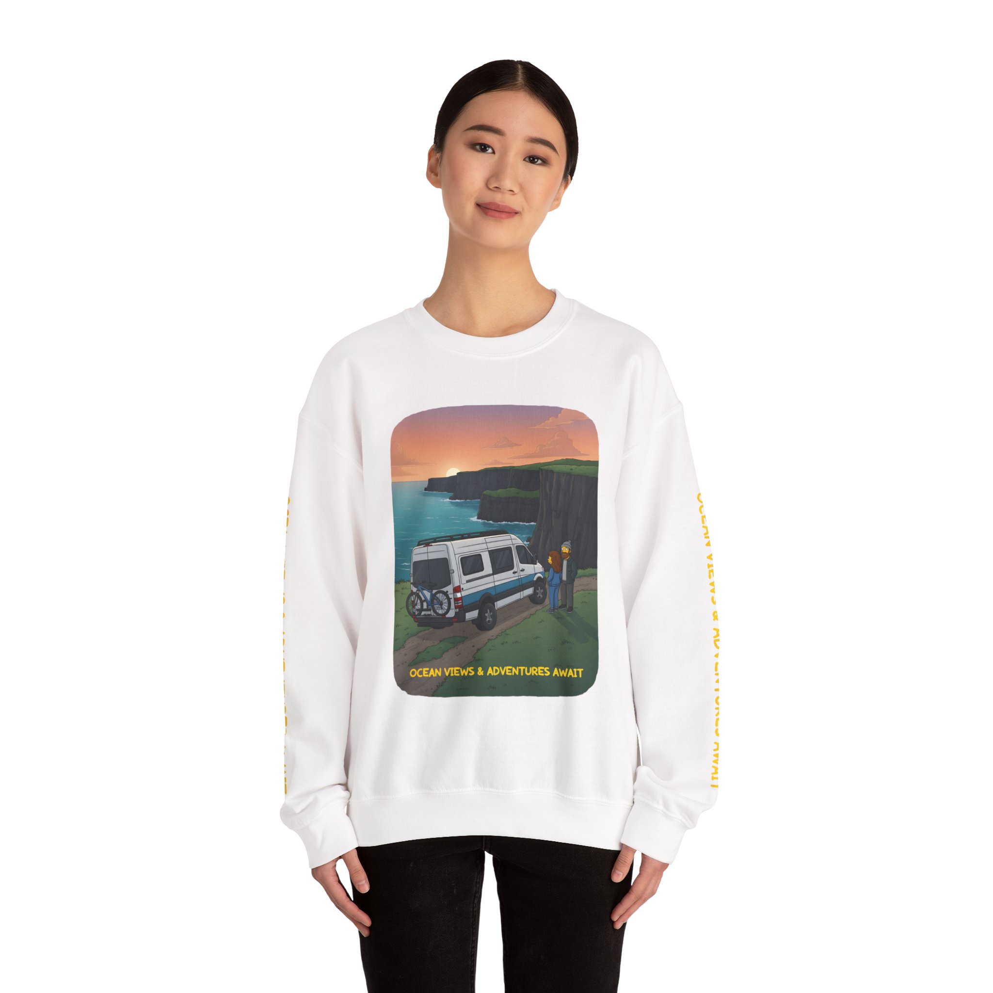 Unisex Heavy Blend™ Crewneck Sweatshirt — "Ocean Views-Adventures Awaits" Design Sitcom-Line