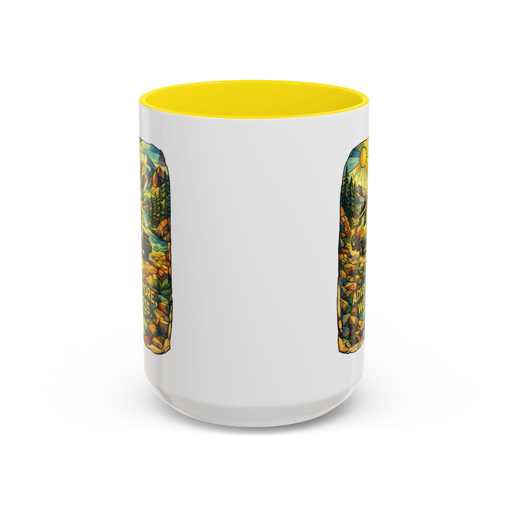 Accent Coffee Mug (11, 15oz) — "Adventure More Worry Less" Design Cubic-Line