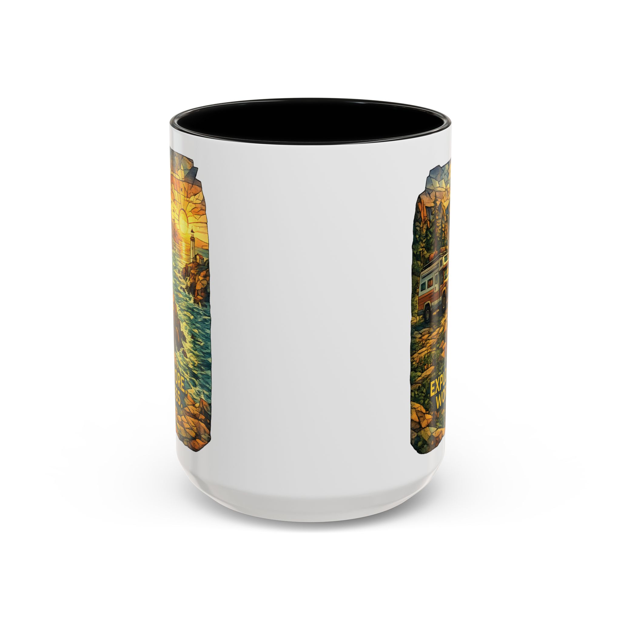 Accent Coffee Mug (11, 15oz) — "Explore More Worry Less" Design Cubic-Line