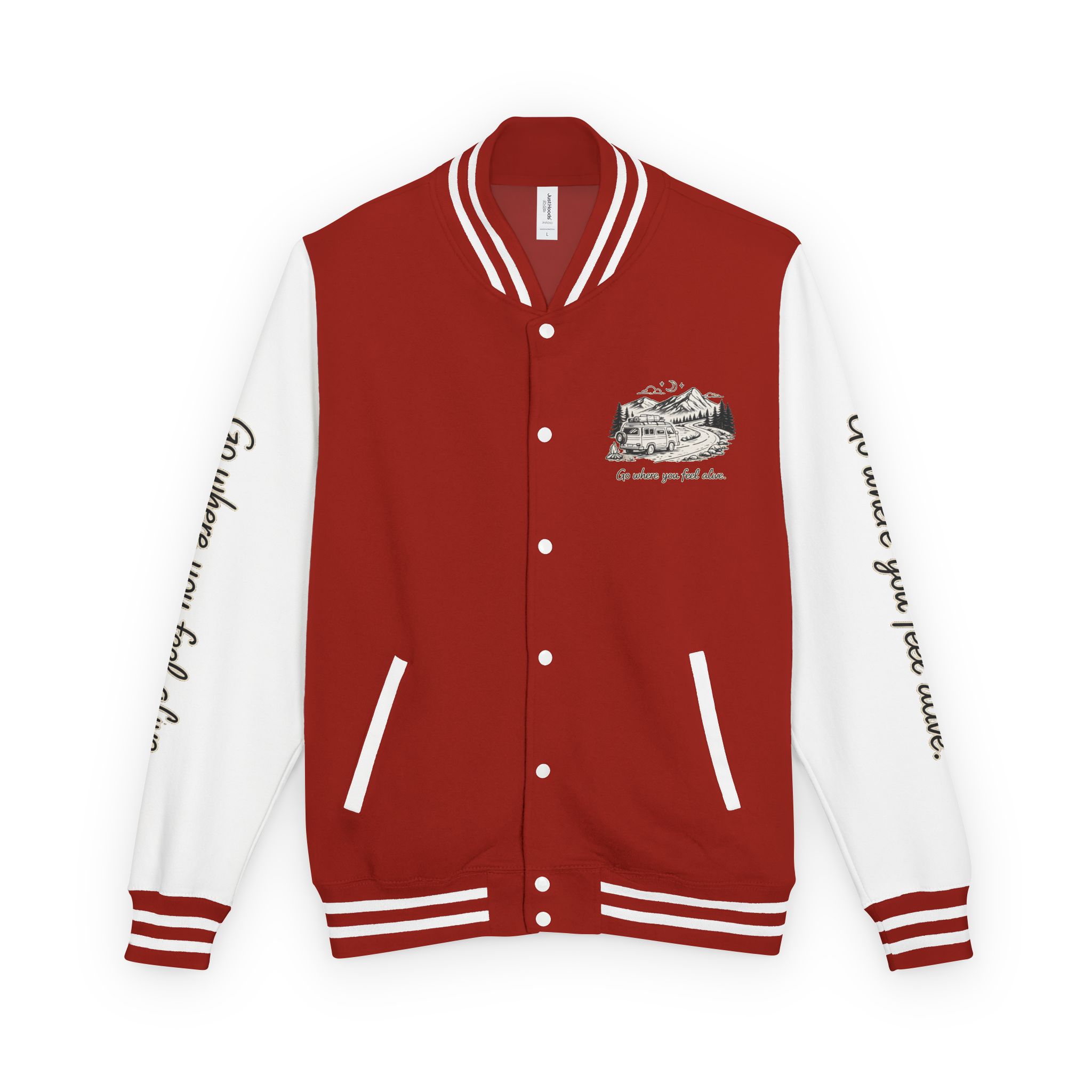 Unisex Heavyweight Letterman Jacket — "Go Where You Feel Alive" Travel Varsity Coat