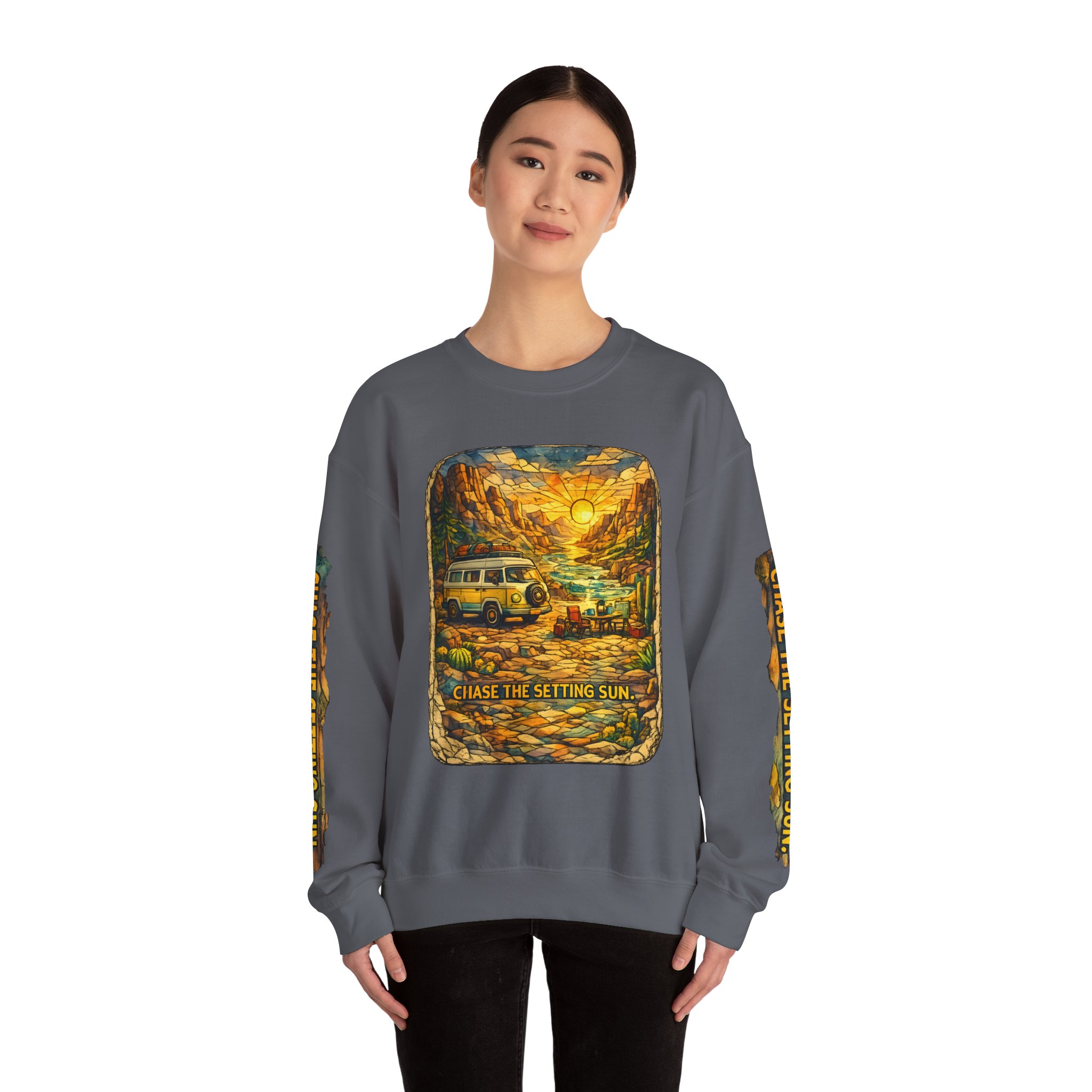 Unisex Heavy Blend™ Crewneck Sweatshirt — "Chase The Settings Sun" Design Cubic-Line