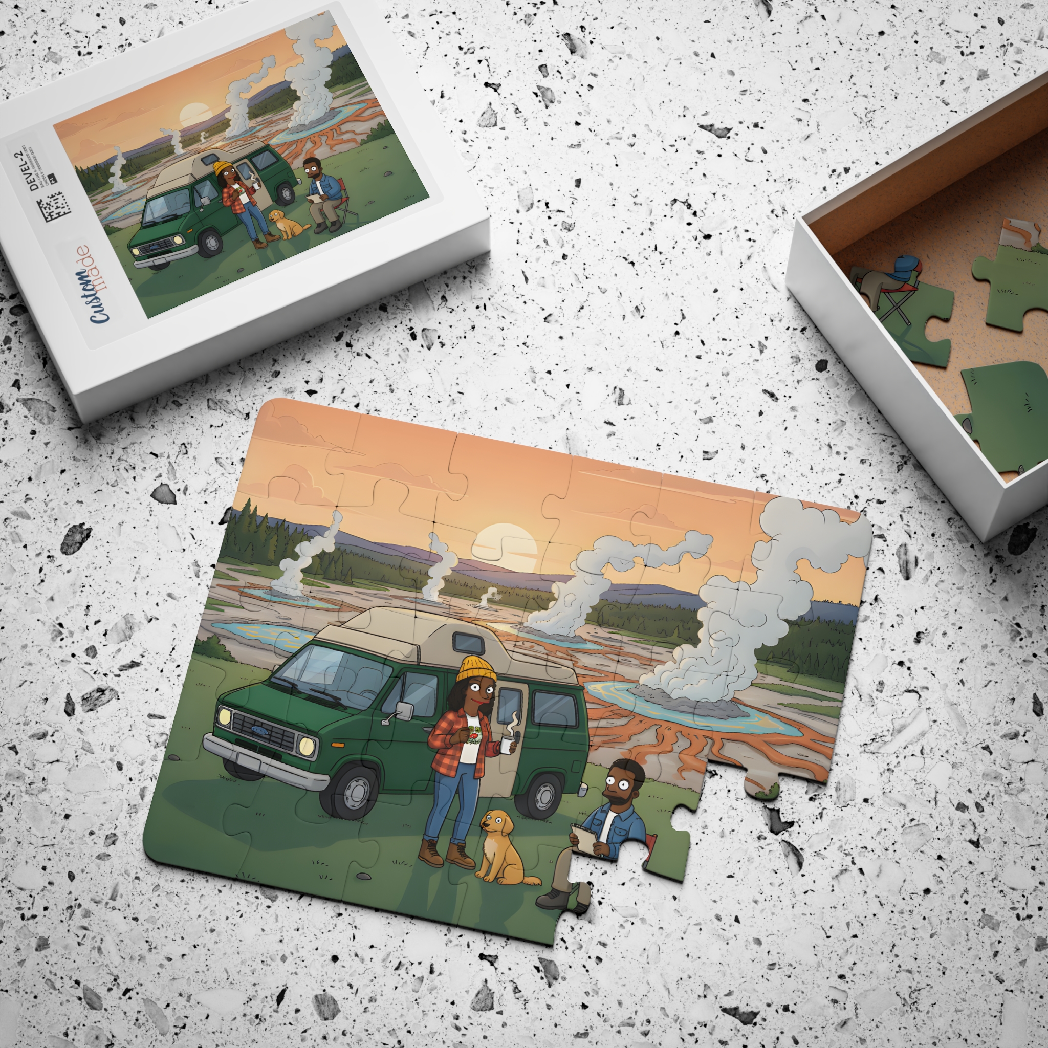 Kids' 30‑Piece Camping Puzzle — Family Van Camping at Geysers Sunset