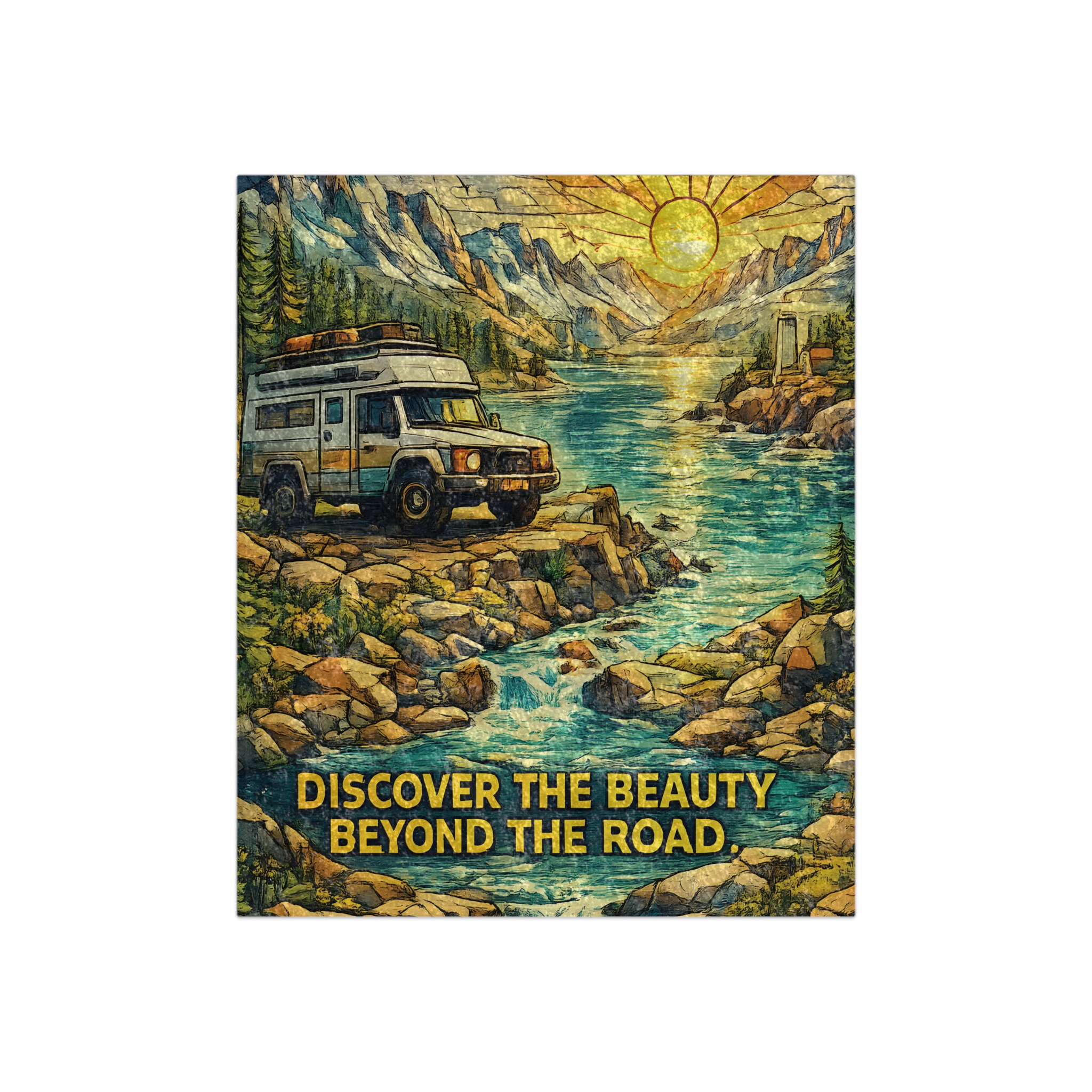 Crushed Velvet Blanket —"Discover The Bieuty Beyond The Road" Design Cubic-Line (Campervan)