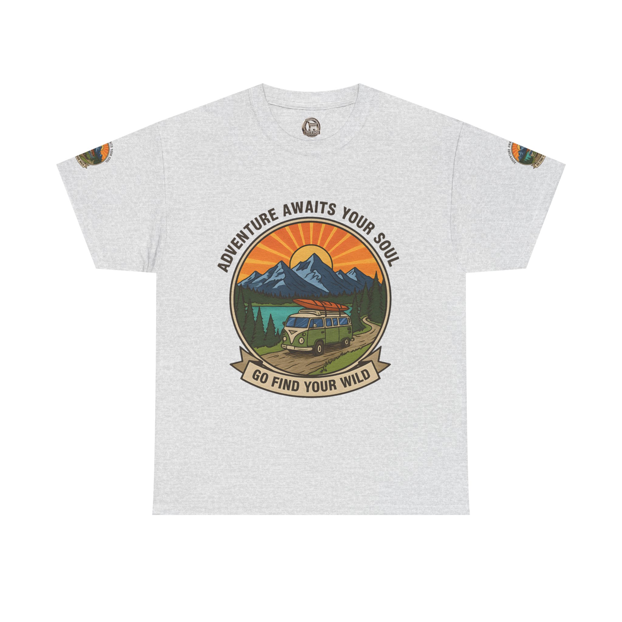 Unisex Heavy Cotton Tee — “Adventure Awaits Your Soul: Go Find Your Wild” Van & Mountain Graphic
