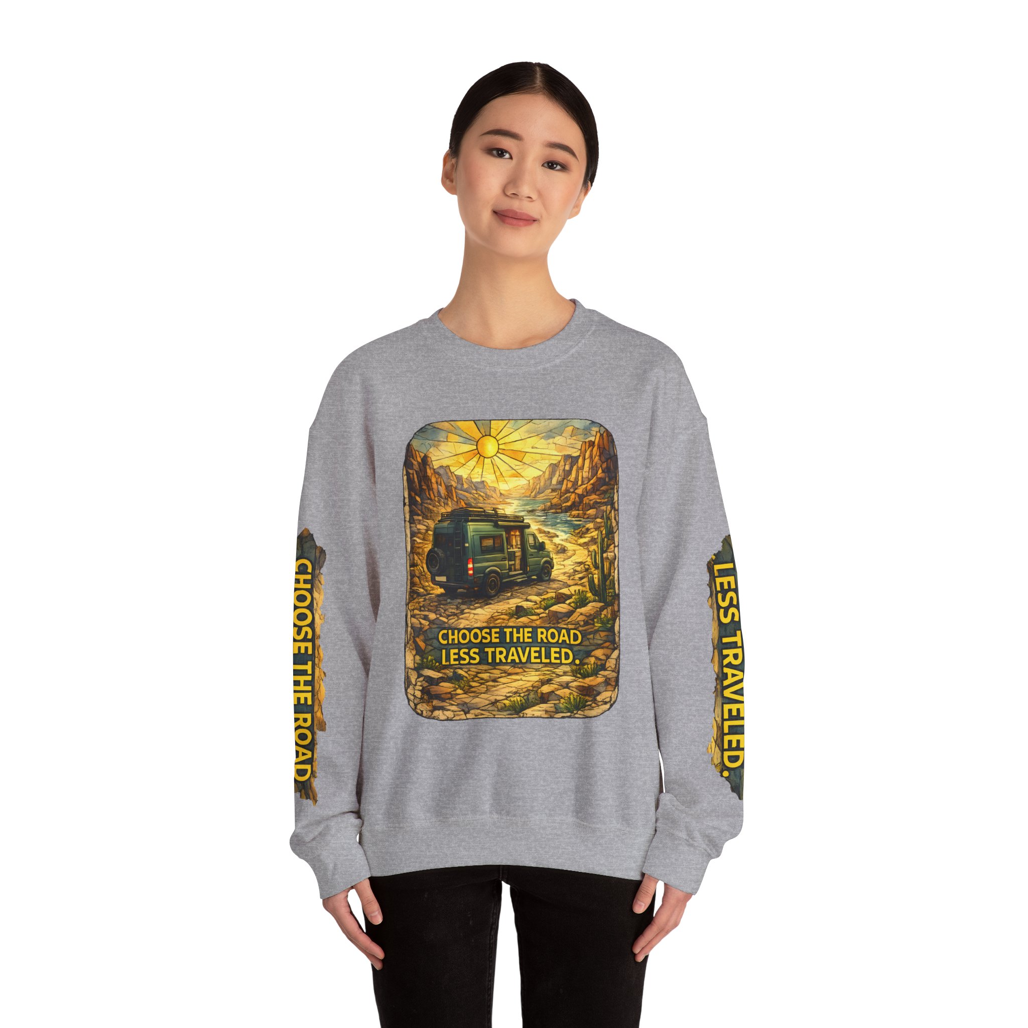 Unisex Heavy Blend™ Crewneck Sweatshirt — "Choose The Road Less Traveled" Design Cubic-Line