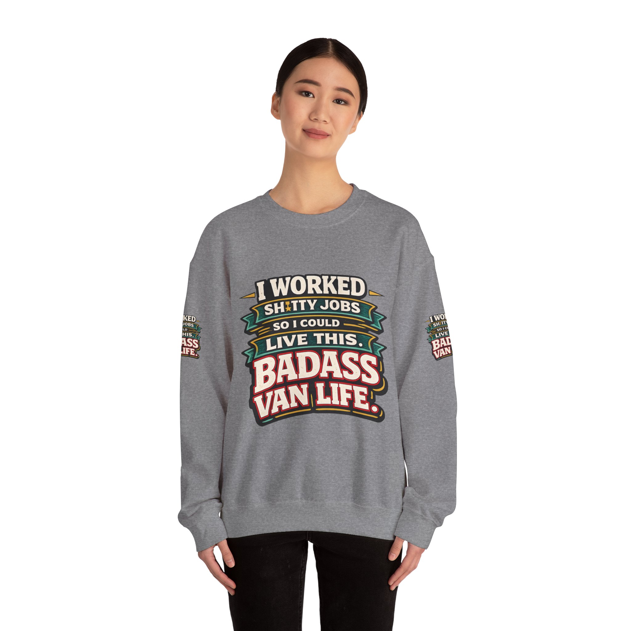 Unisex Heavy Blend™ Crewneck Sweatshirt — "I Worked Shitty Jobs" Design F**K-Line