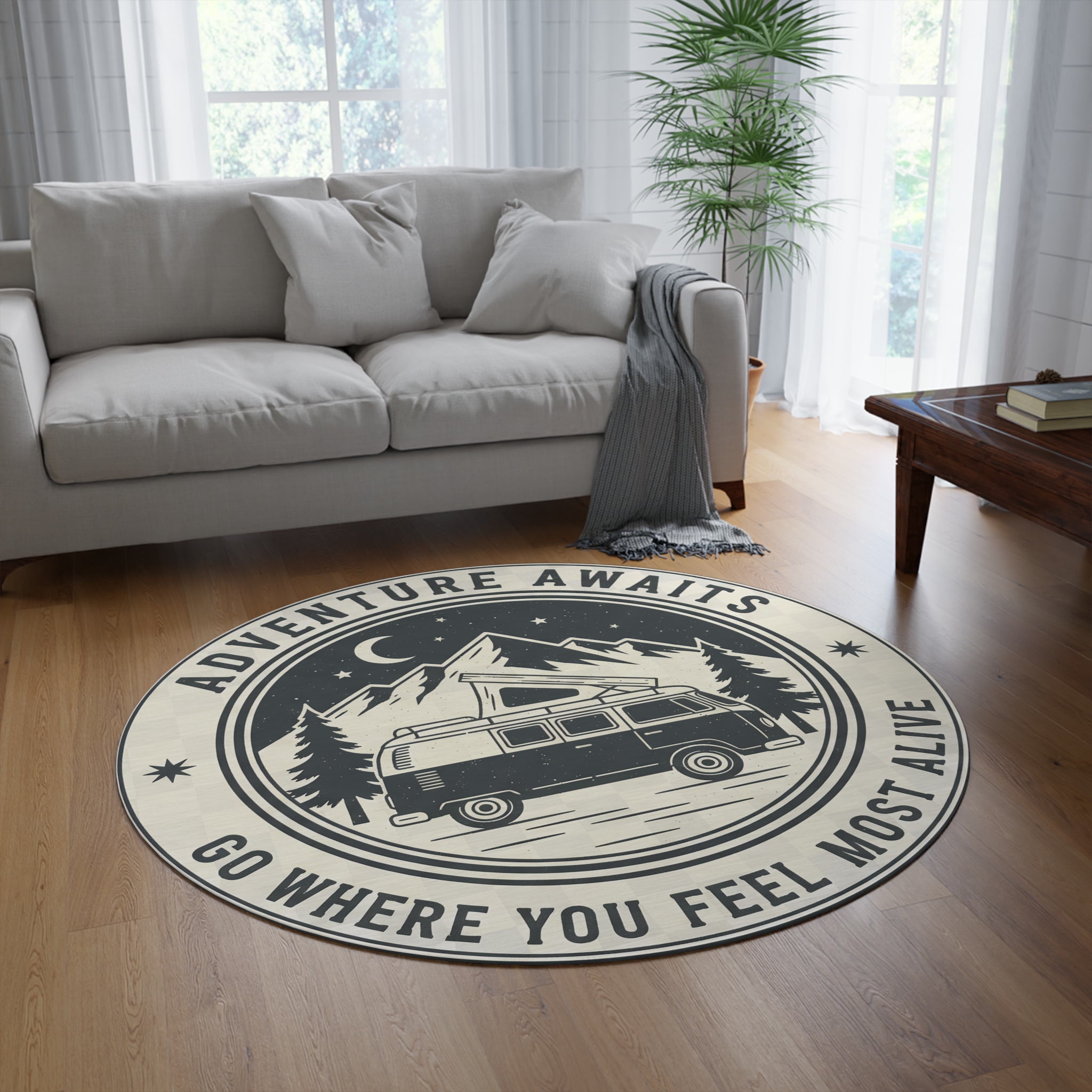 Round Rug - 'Adventure Awaits: Go Where You Feel Most Alive' Camper Van Mountain Travel Mat