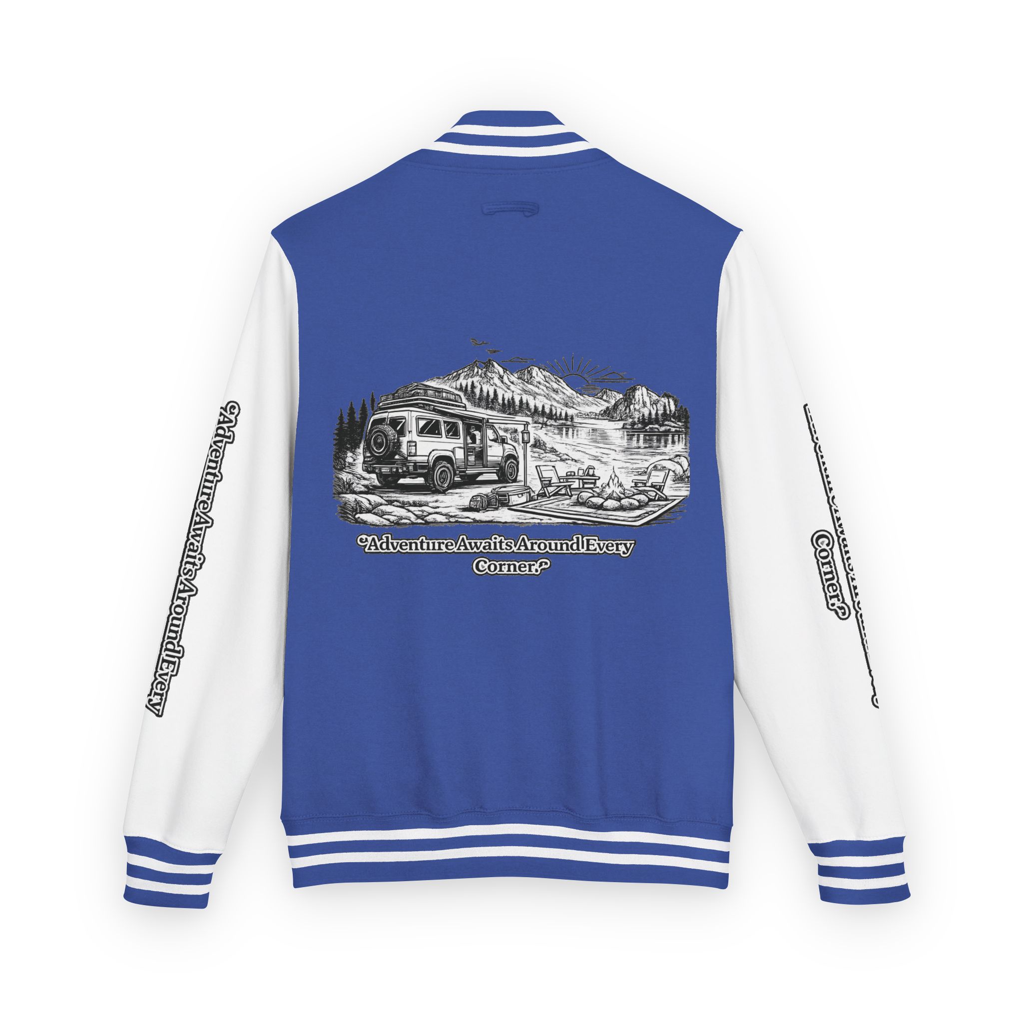 Unisex Heavyweight Letterman Jacket — "Adventure Awaits Around Every Corner" Travel Varsity Coat