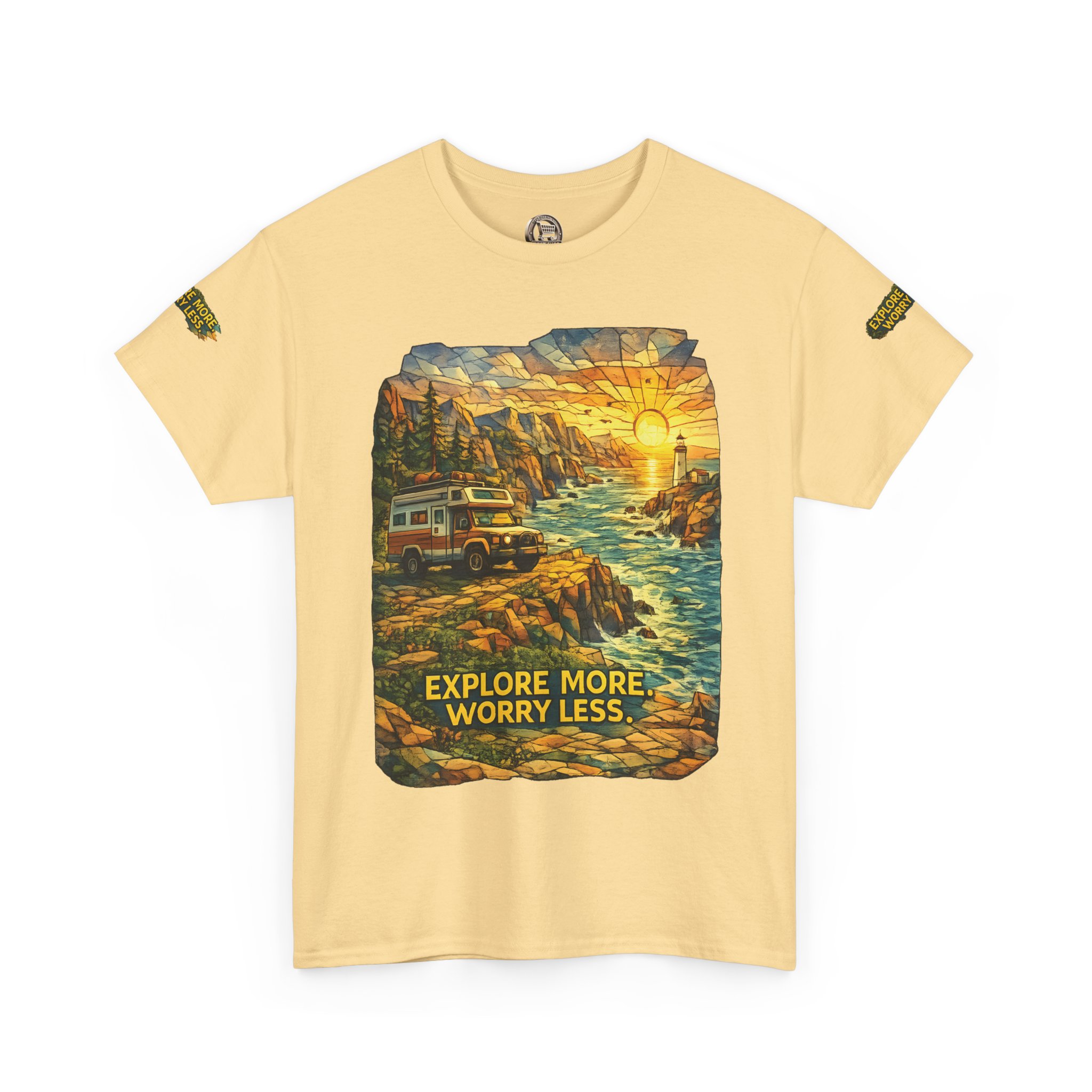 Unisex Heavy Cotton Tee — "Explore More Worry Less" Design Cubic-Line