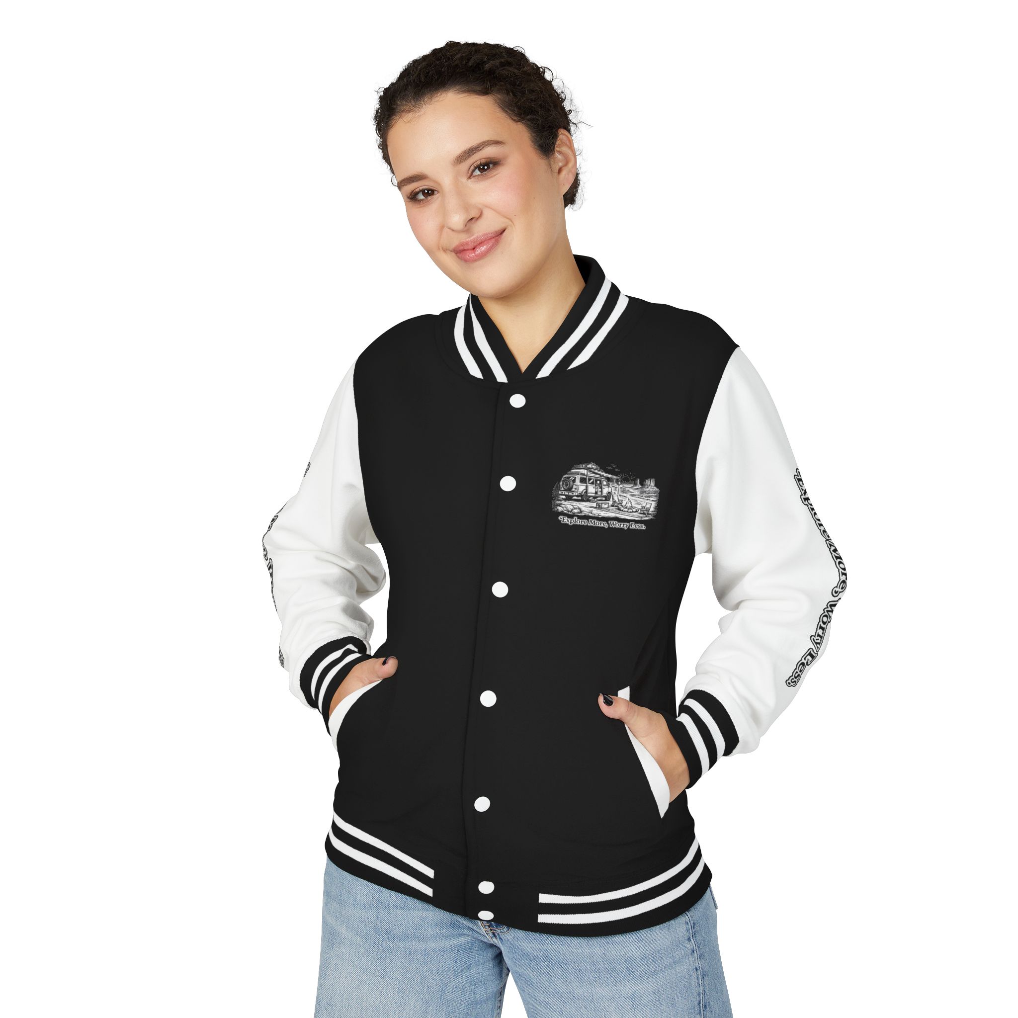 Unisex Heavyweight Letterman Jacket — "Explore More Worry Less" Travel Varsity Coat