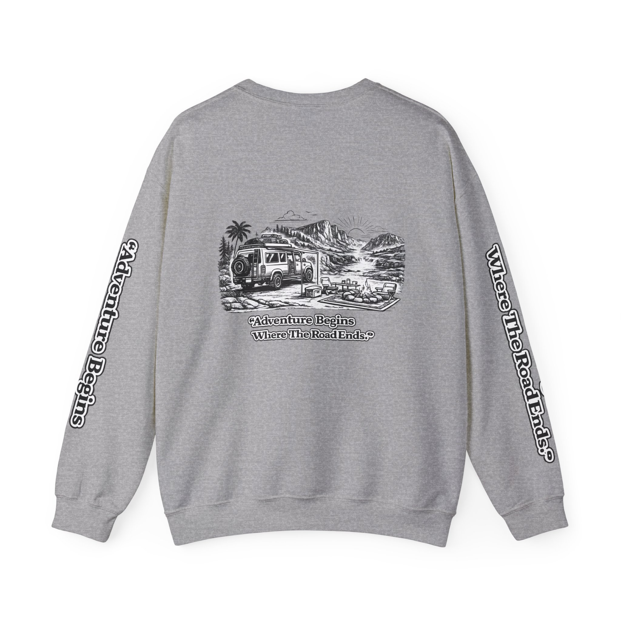4171934849331844666_2048.jpeg Unisex Heavy Blend™ Crewneck Sweatshirt — "Adventure Begins Where The Road Ends" Design Minimal-Line