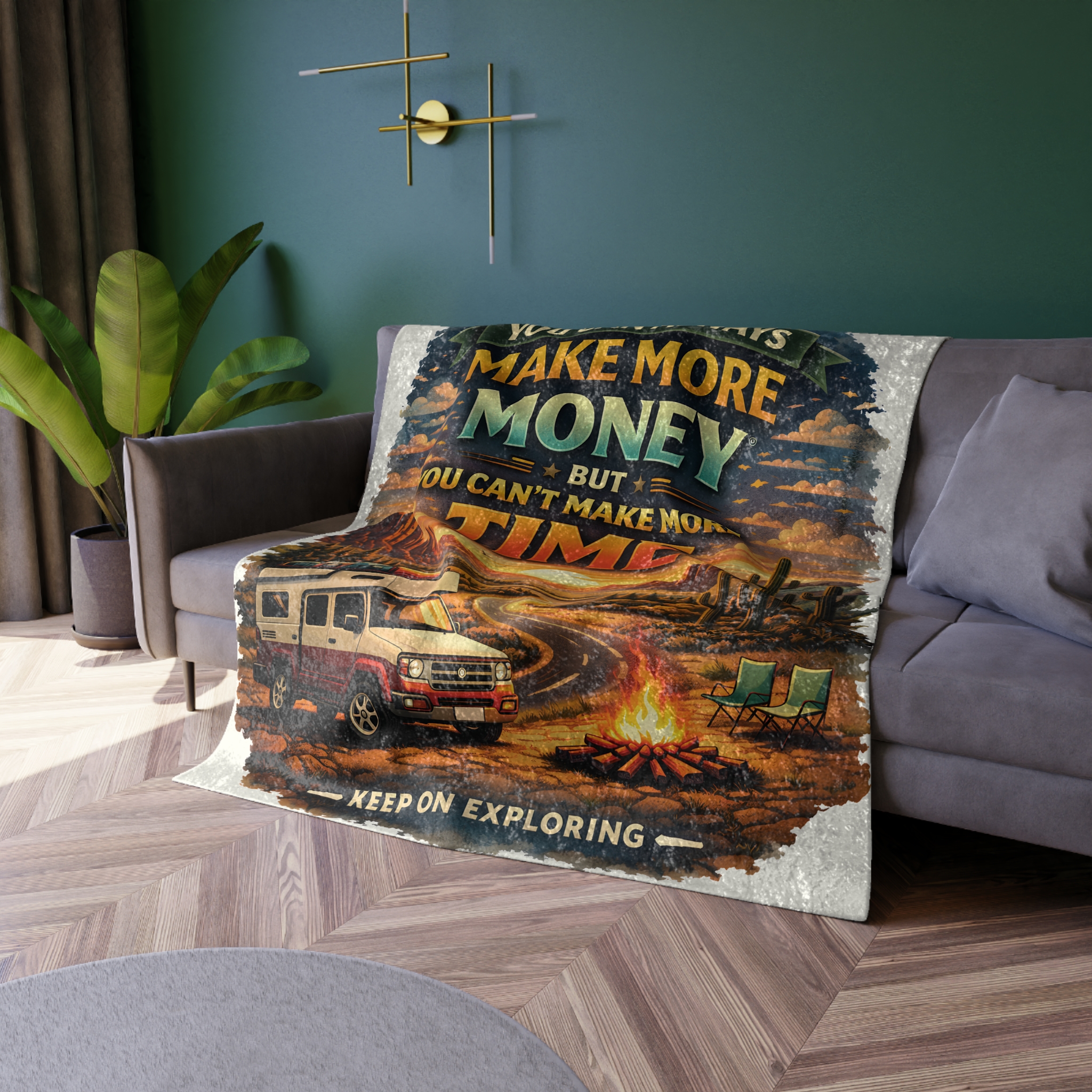 Crushed Velvet Blanket —"You Can Always Make More Money" Design Scenic-Line (Campervan)