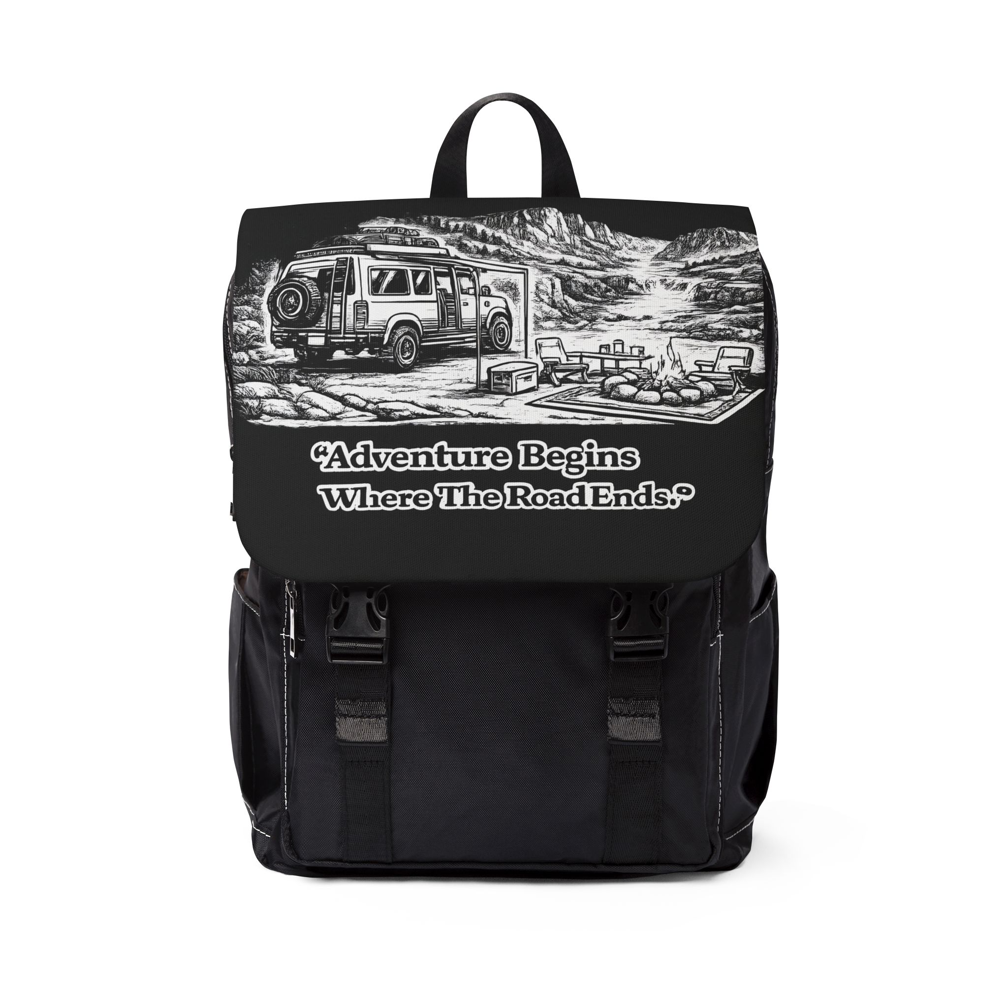 Unisex Casual Shoulder Backpack — "Adventure Begins Where The Road Ends" Design Minimal-Line