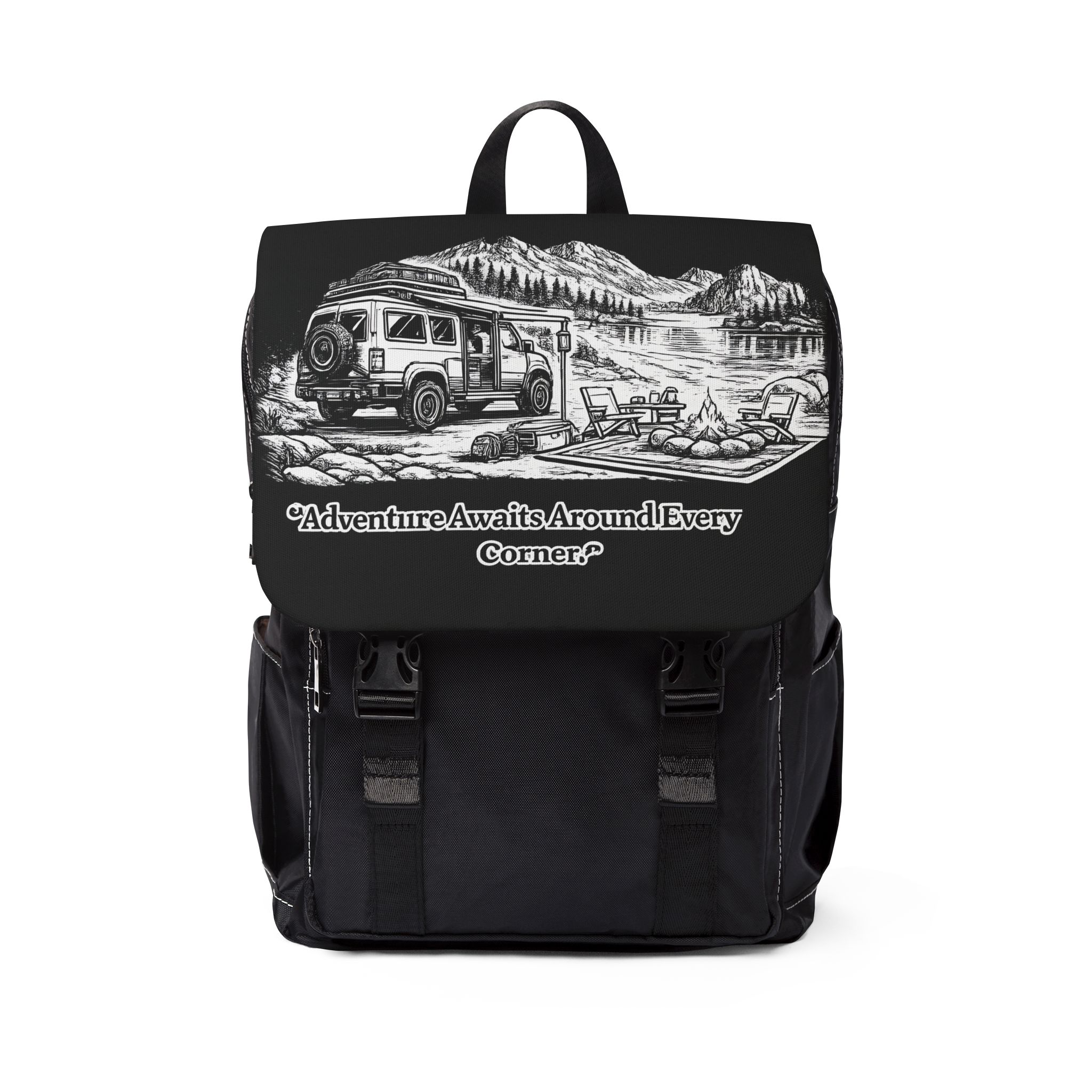 Unisex Casual Shoulder Backpack — "Adventure Awaits Around Every Corner" Design Minimal-Line