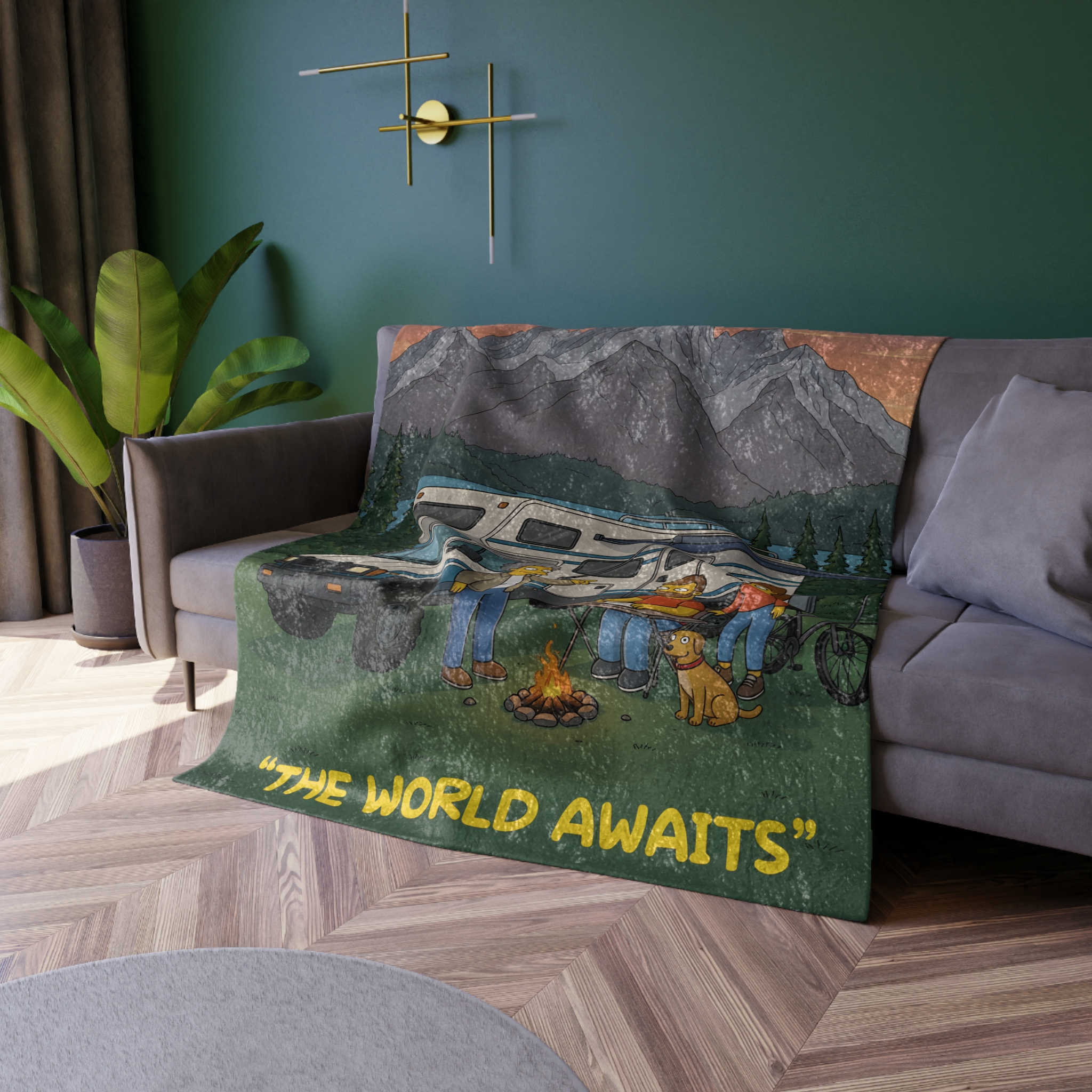 Crushed Velvet Blanket —"The World Awaits" Design Sitcom-Line (Campervan)