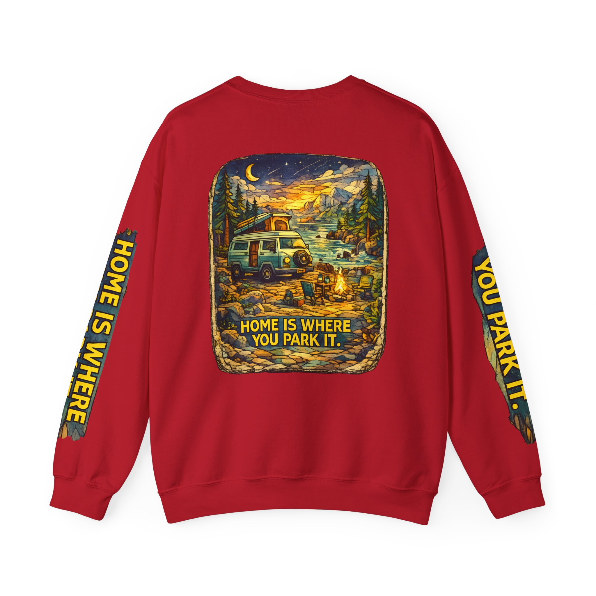 Unisex Heavy Blend™ Crewneck Sweatshirt — "Home Is Where You Park It" Design Cubic-Line