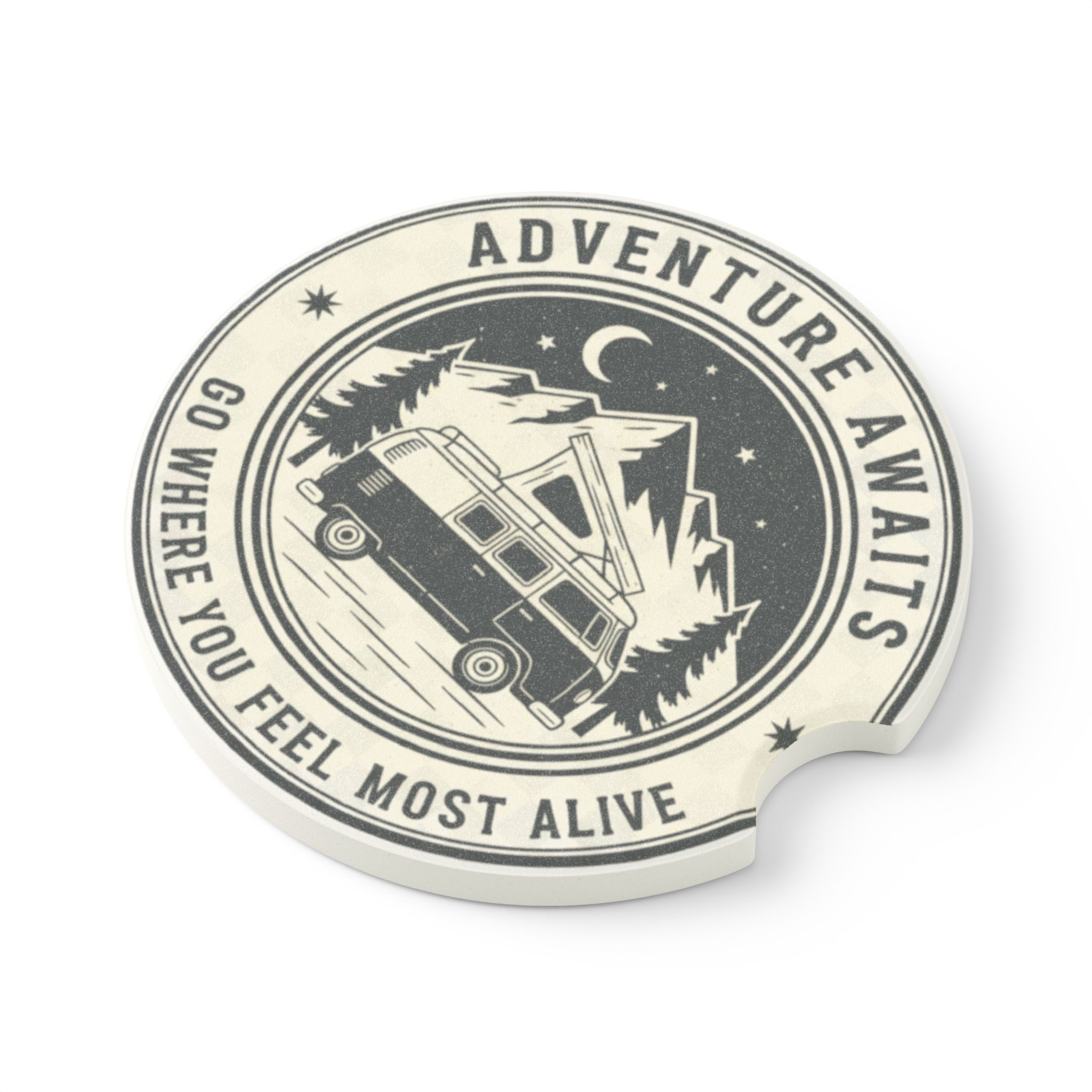 Soapstone Car Coaster — 'Go Where You Feel Most Alive' Travel Van Design