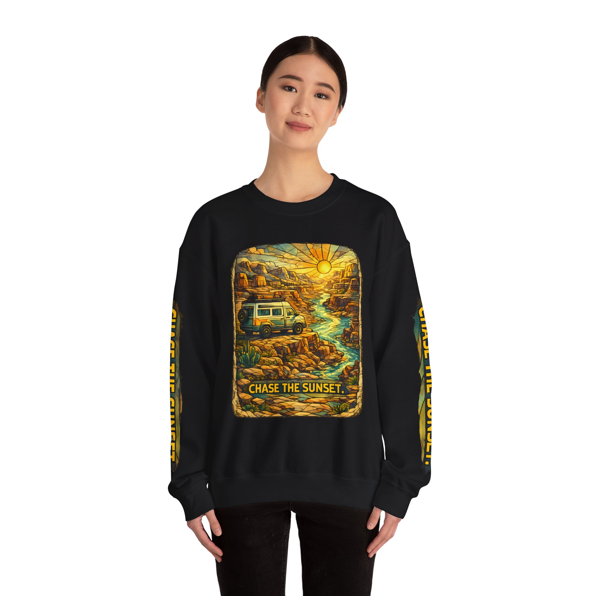Unisex Heavy Blend™ Crewneck Sweatshirt — "Chase The Sunset" Design Cubic-Line