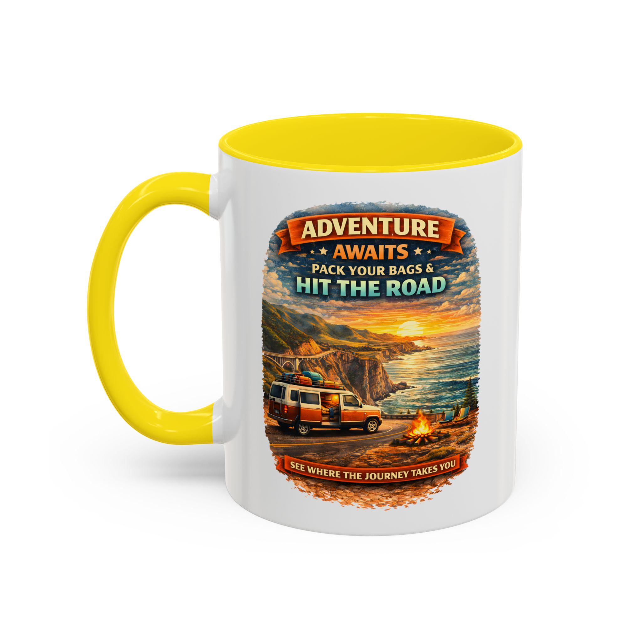 Accent Coffee Mug (11, 15oz) — "Adventure Awaits-Pack Your Bags" Design Scenic-Line