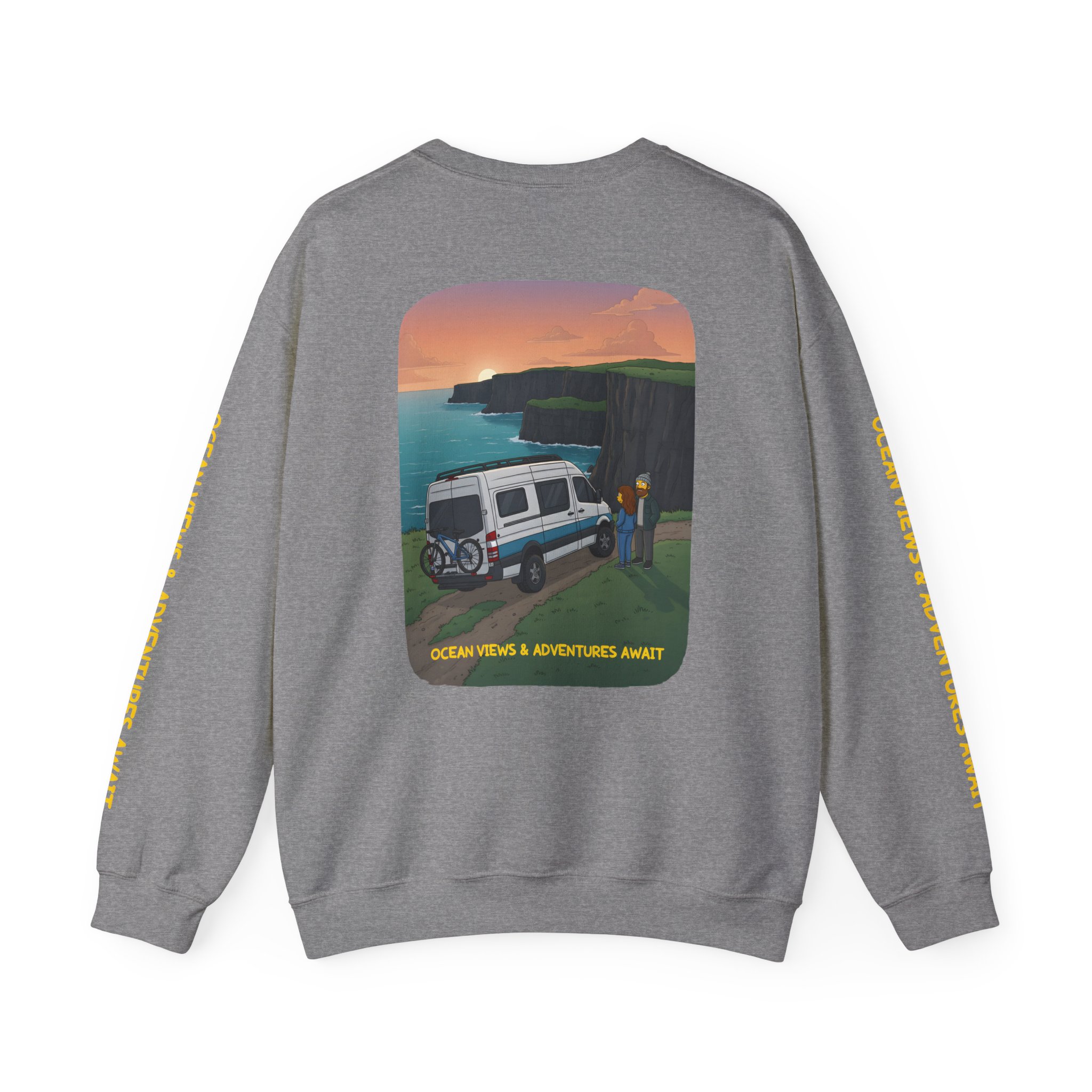 Unisex Heavy Blend™ Crewneck Sweatshirt — "Ocean Views-Adventures Awaits" Design Sitcom-Line