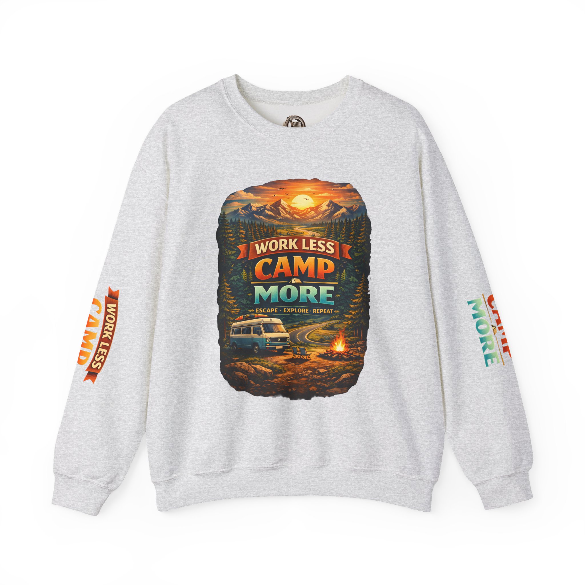 Unisex Heavy Blend™ Crewneck Sweatshirt — "Work Less-Camp More" Design Scenic-Line