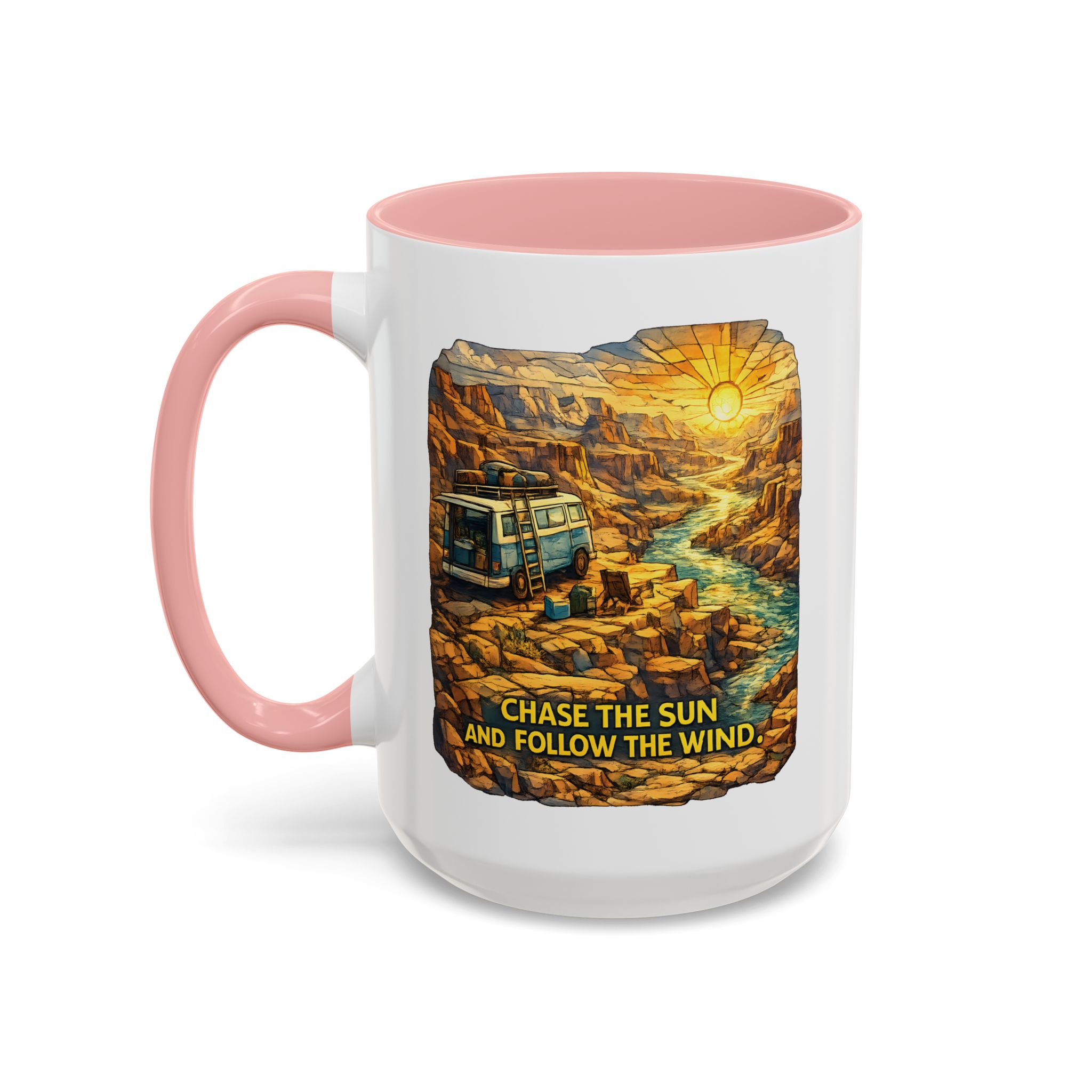 Accent Coffee Mug (11, 15oz) — "Chase The Sun And Follow The Wind" Design Cubic-Line