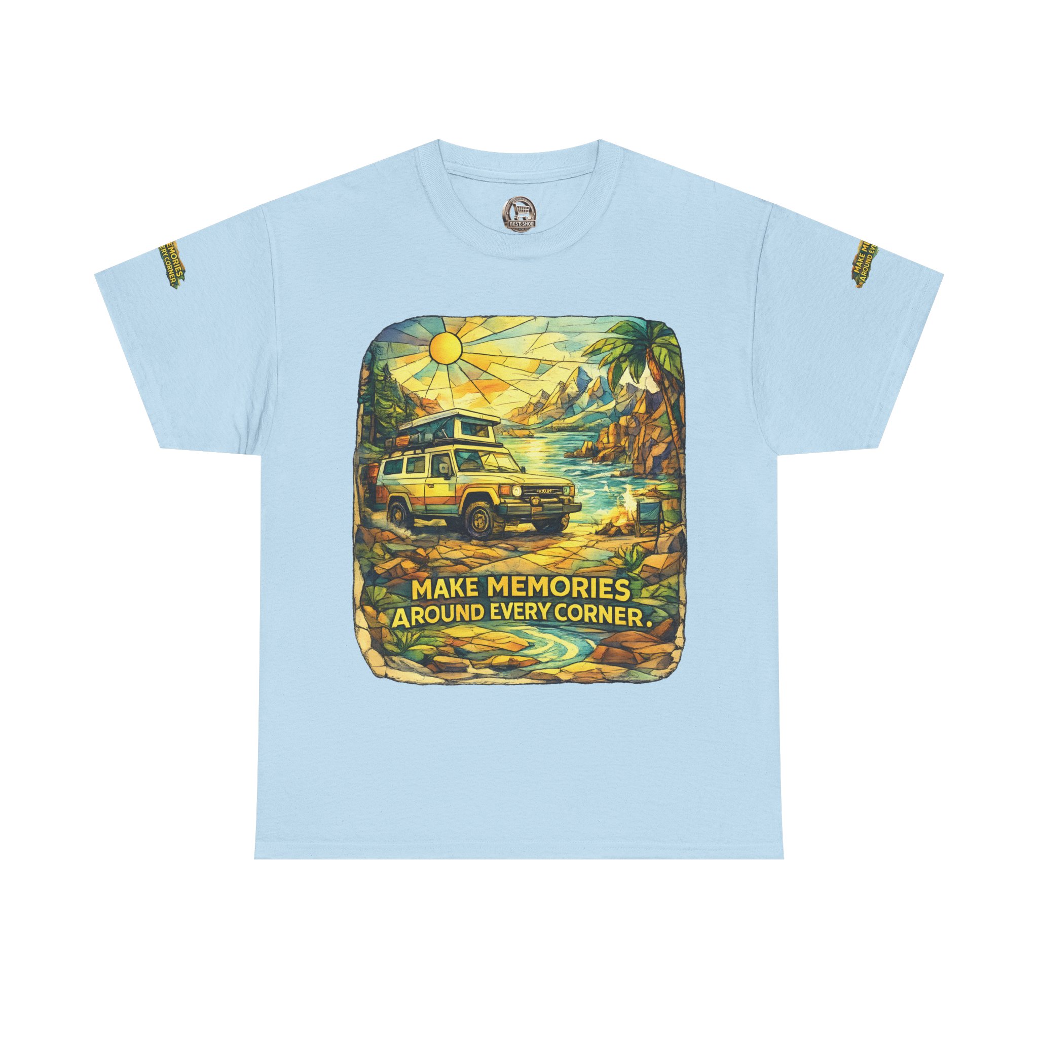 4266383210945601867_2048.jpeg Unisex Heavy Cotton Tee — "Make Memories Around Every Corner" Design Cubic-Line