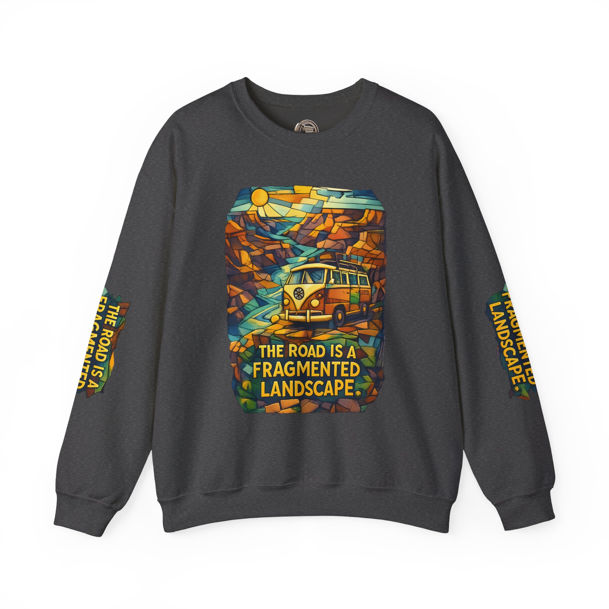 Unisex Heavy Blend™ Crewneck Sweatshirt — "The Road Is A Fragmented Landscape" Design Cubic-Line
