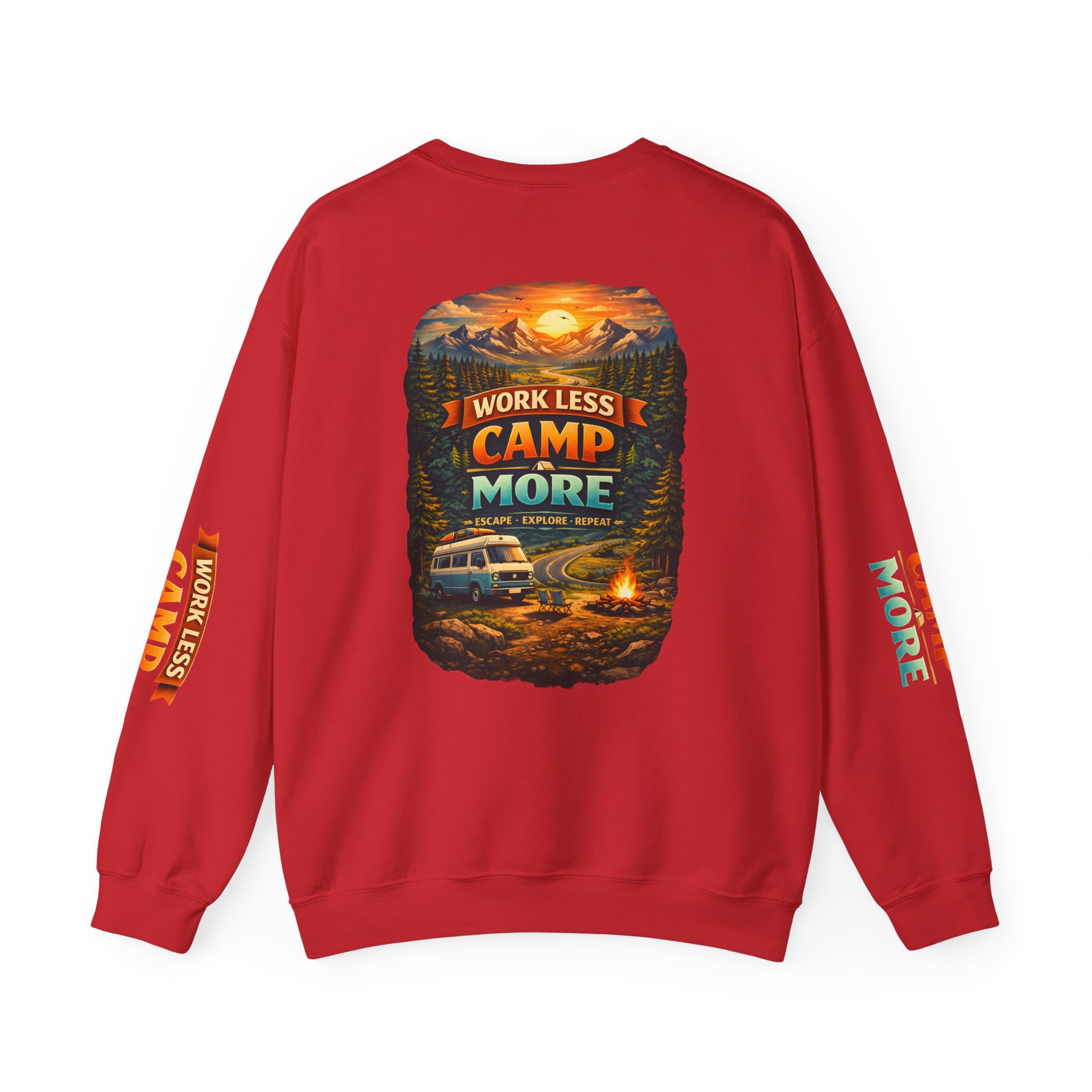 Unisex Heavy Blend™ Crewneck Sweatshirt — "Work Less-Camp More" Design Scenic-Line