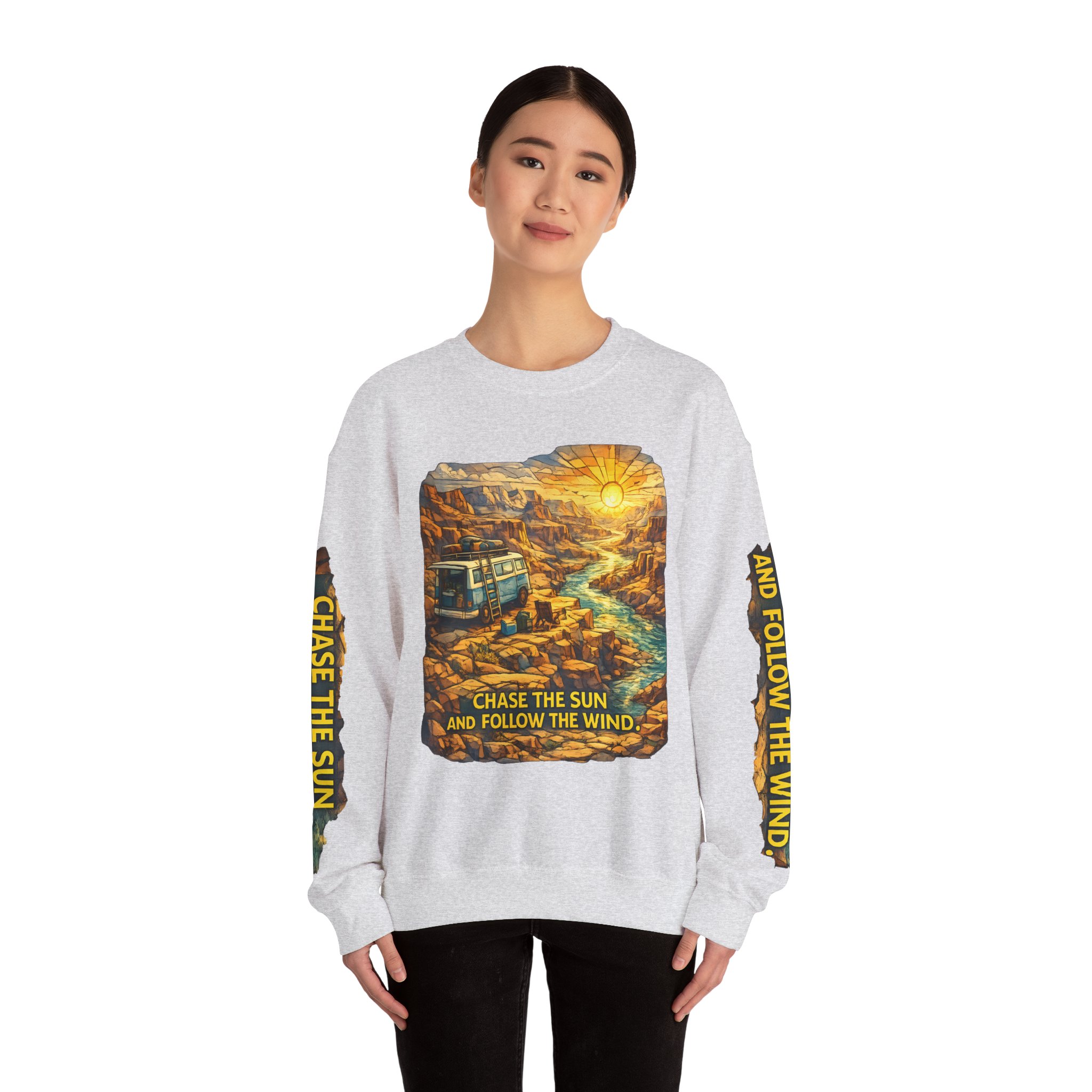 4279691517052105638_2048-1.jpeg Unisex Heavy Blend™ Crewneck Sweatshirt — "Chase The Sun And Follow The Wind" Design Cubic-Line