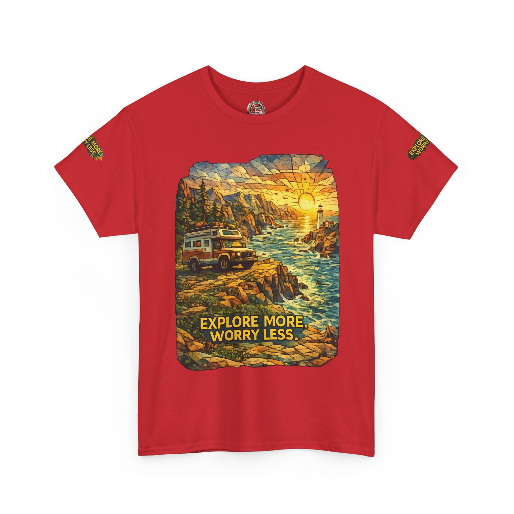 Unisex Heavy Cotton Tee — "Explore More Worry Less" Design Cubic-Line