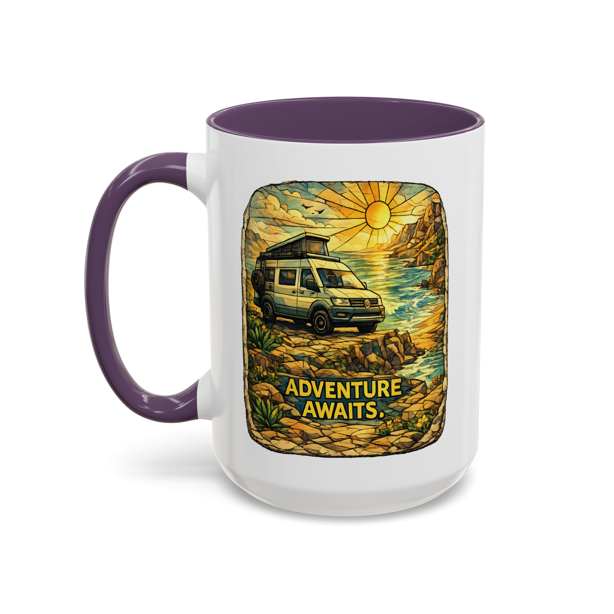 Accent Coffee Mug (11, 15oz) — "Adventure Awaits" Design Cubic-Line