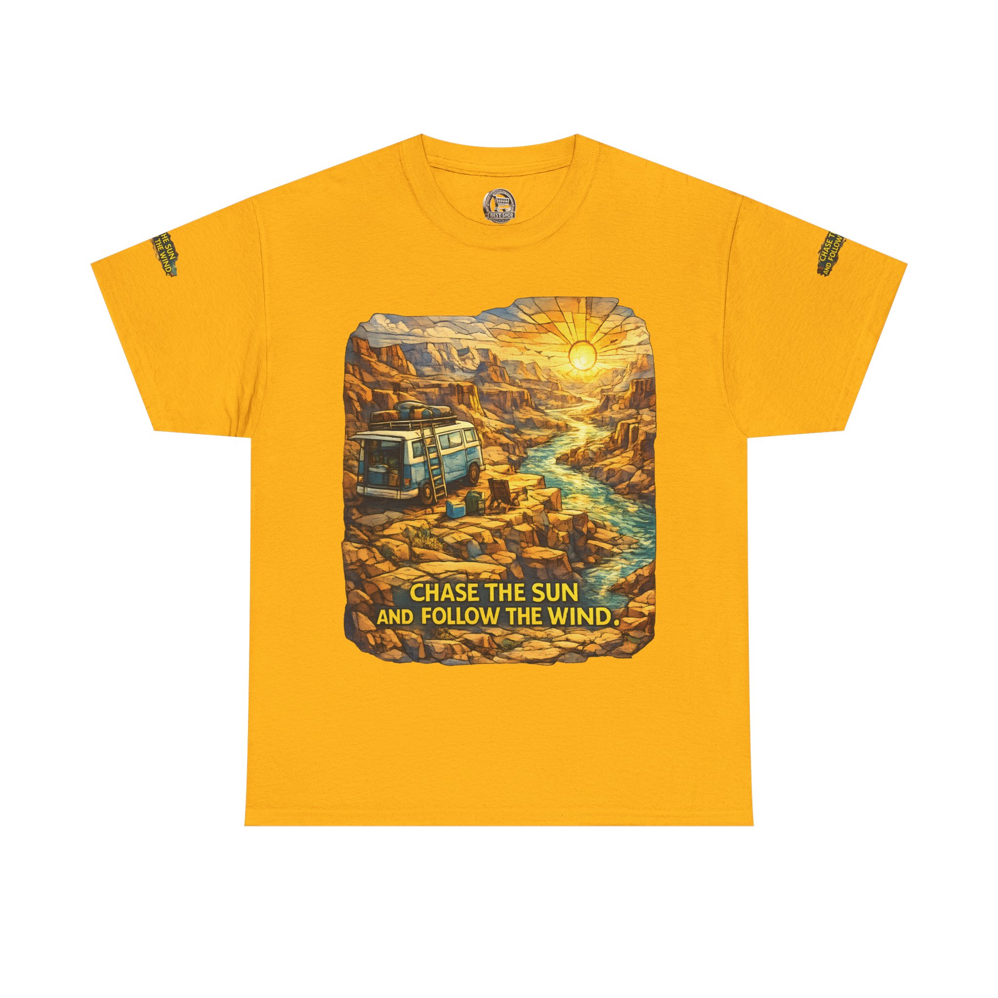 4311059753523490325_2048.jpeg Unisex Heavy Cotton Tee — "Chase The Sun And Follow The Wind" Design Cubic-Line