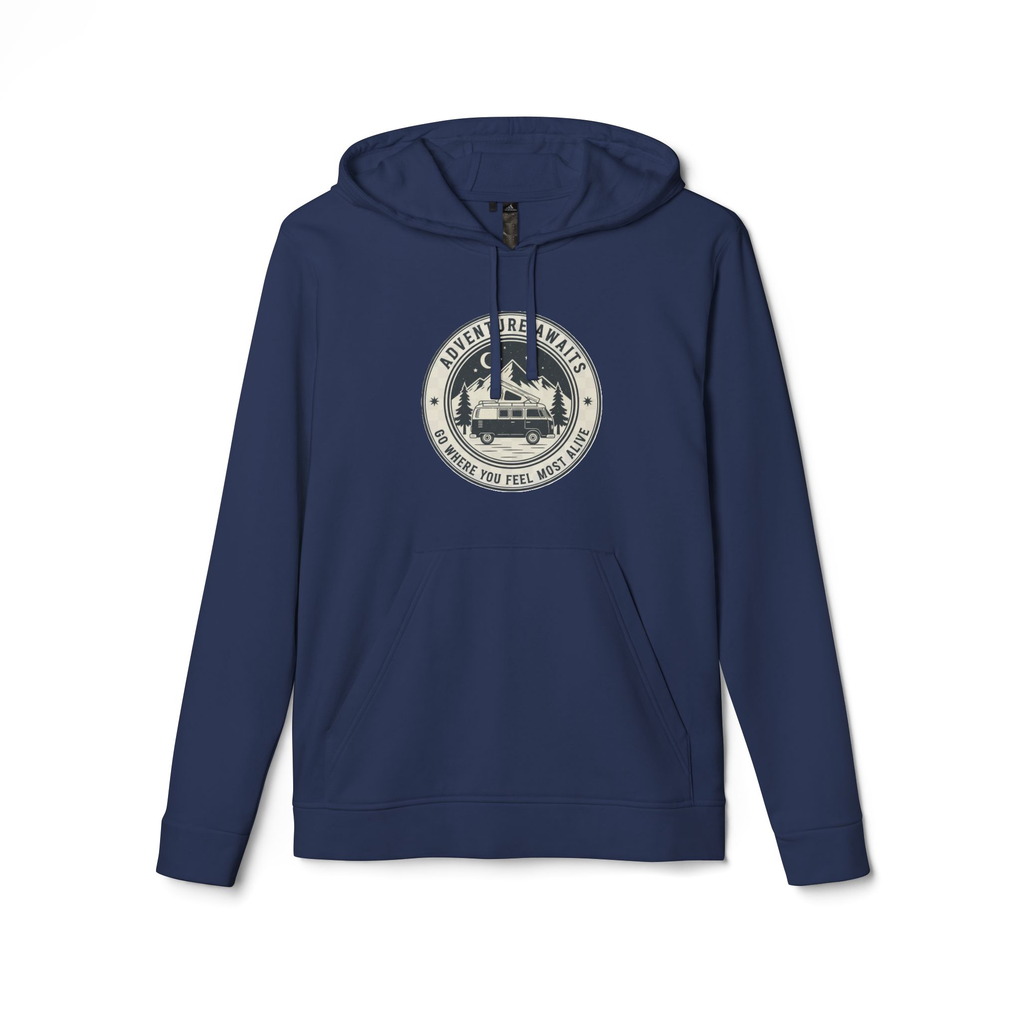 Hoodie(Adidas) — 'Adventure Awaits-Go Where You Feel Most Alive' Outdoor Travel Pullover (Only Front Printed)