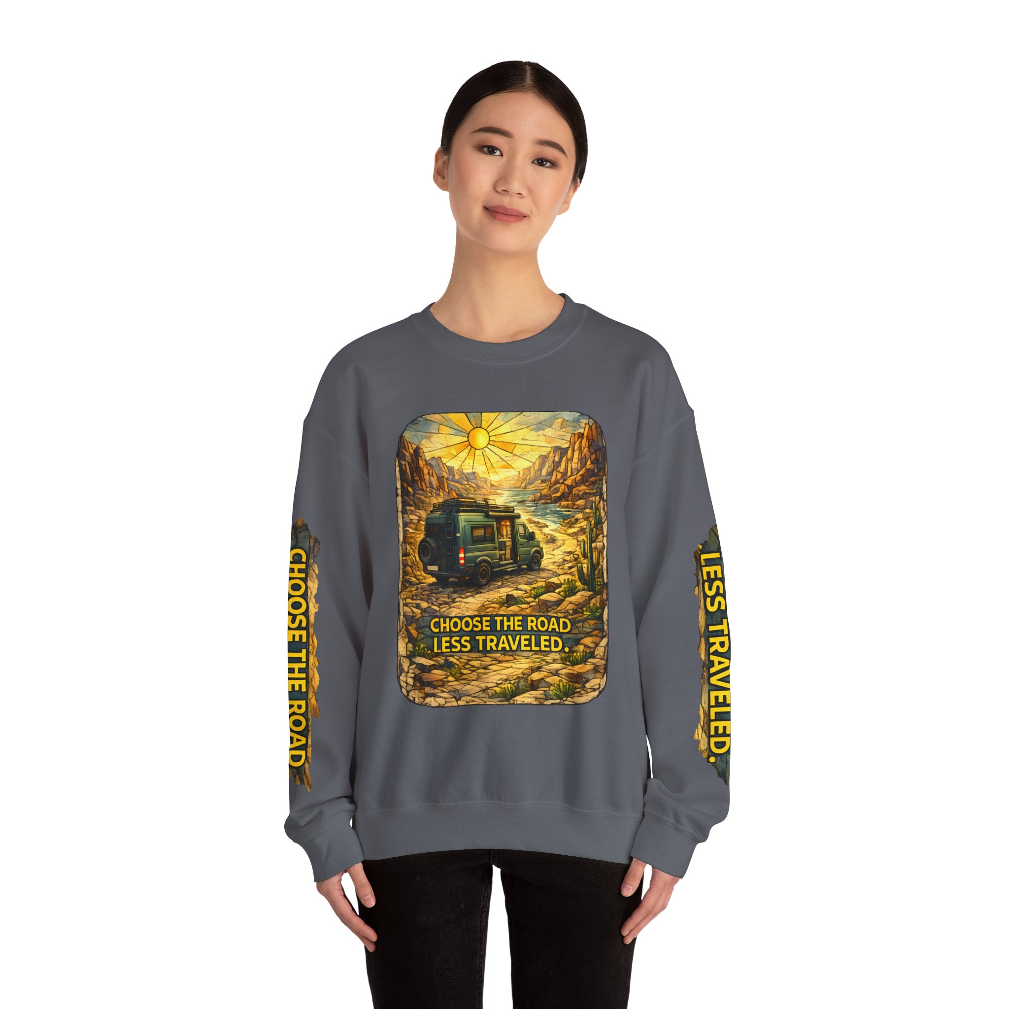 Unisex Heavy Blend™ Crewneck Sweatshirt — "Choose The Road Less Traveled" Design Cubic-Line