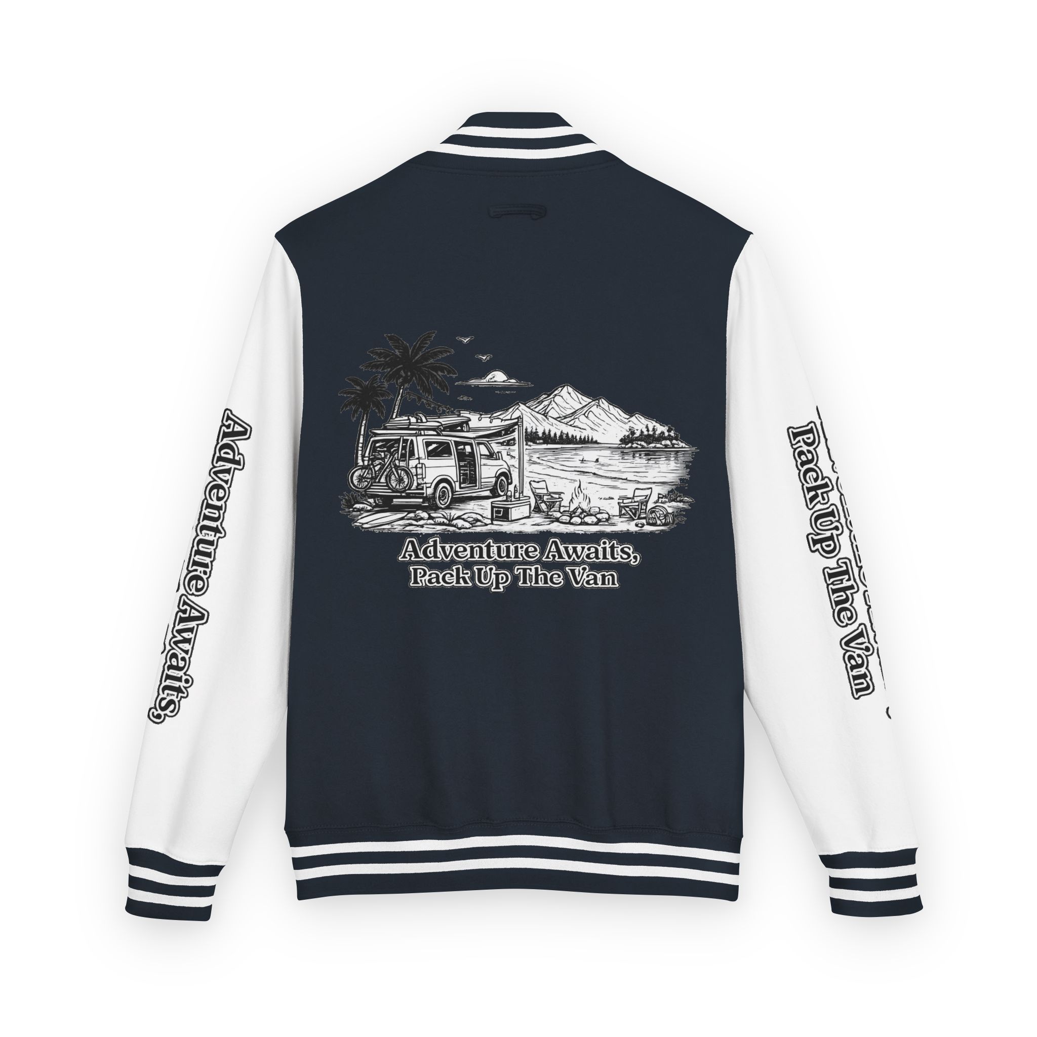 Unisex Heavyweight Letterman Jacket — "Adventure Awaits,Pack Up The Van" Travel Varsity Coat