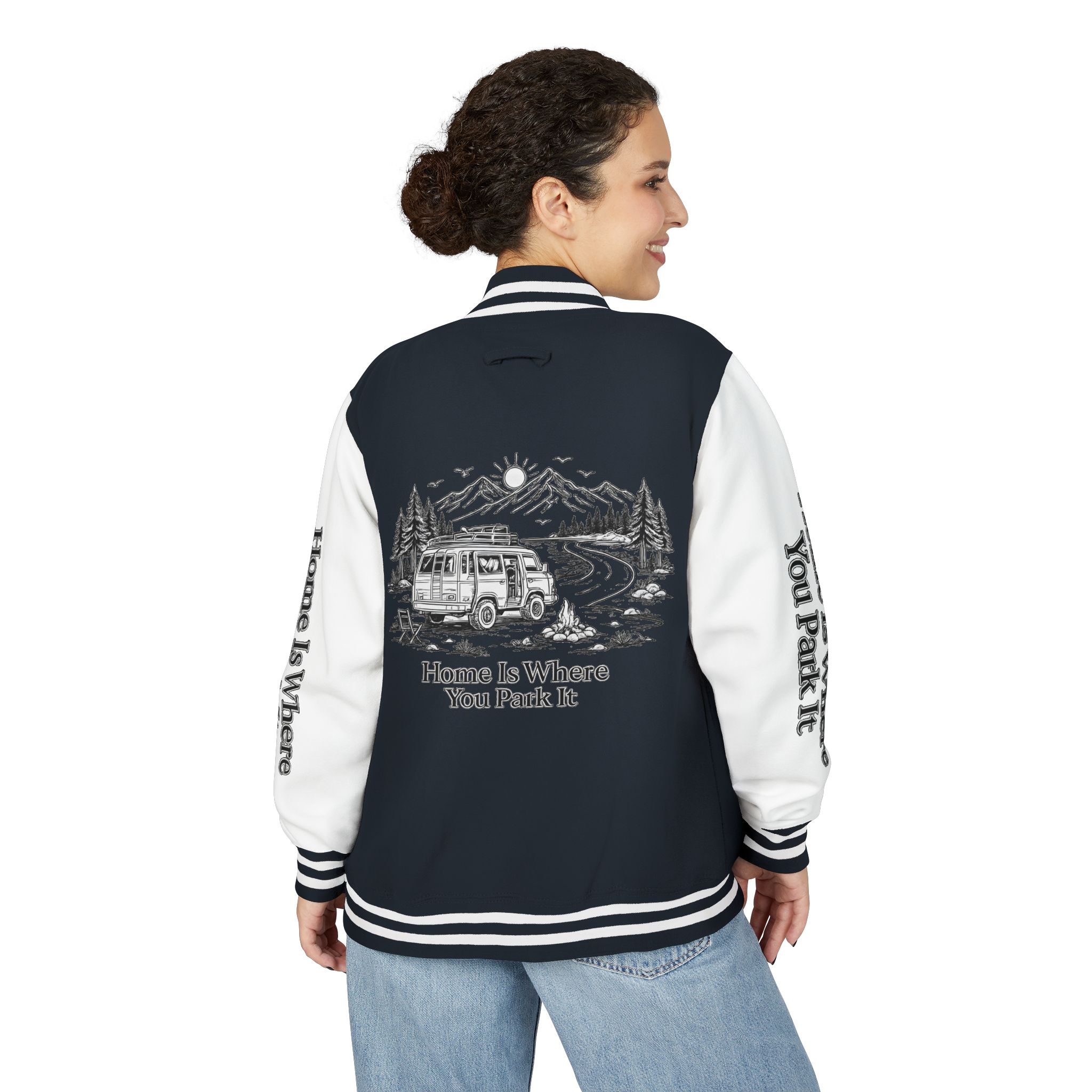 Unisex Heavyweight Letterman Jacket — "Home Is Where You Park It" Travel Varsity Coat