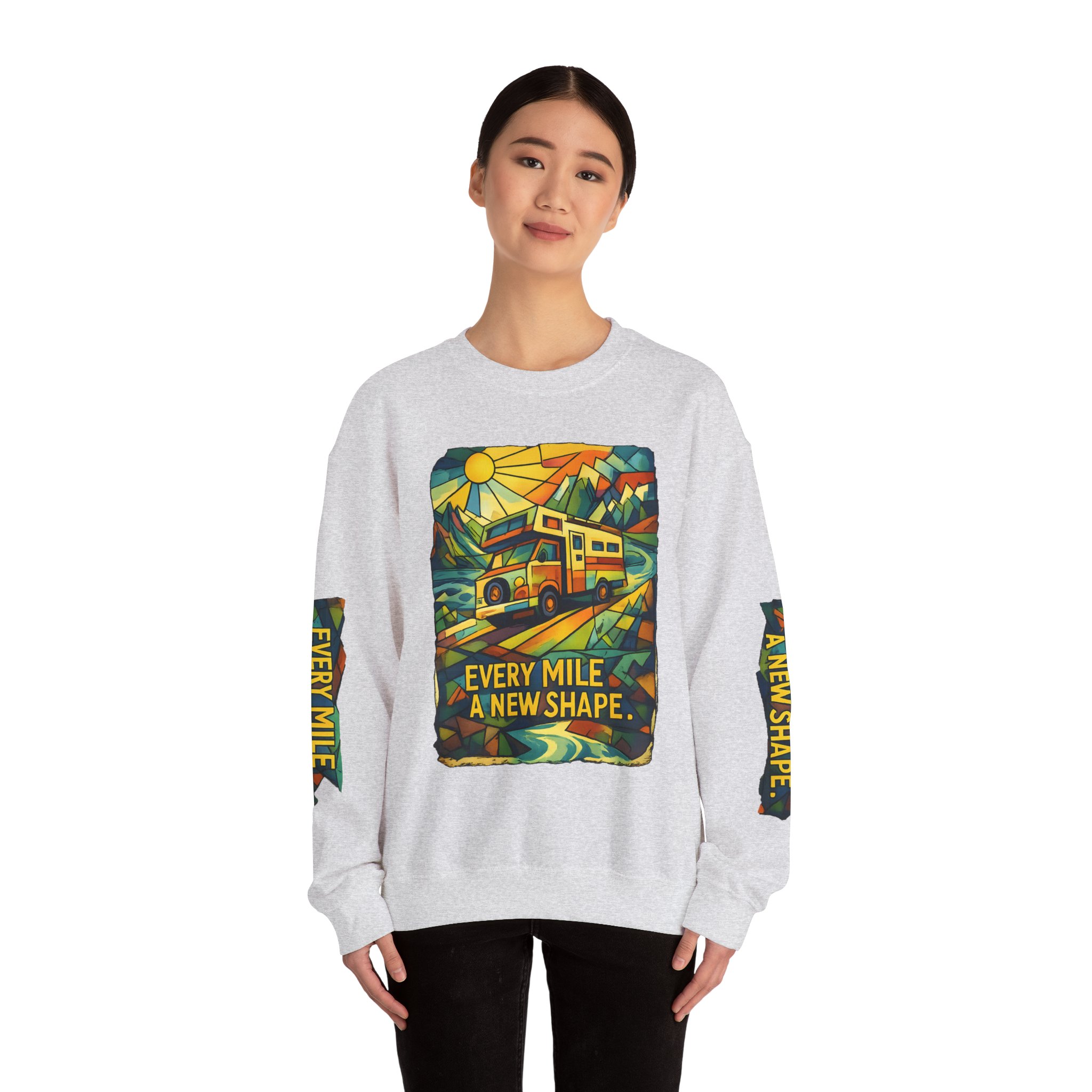 Unisex Heavy Blend™ Crewneck Sweatshirt — "Every Mile A New Shape" Design Cubic-Line
