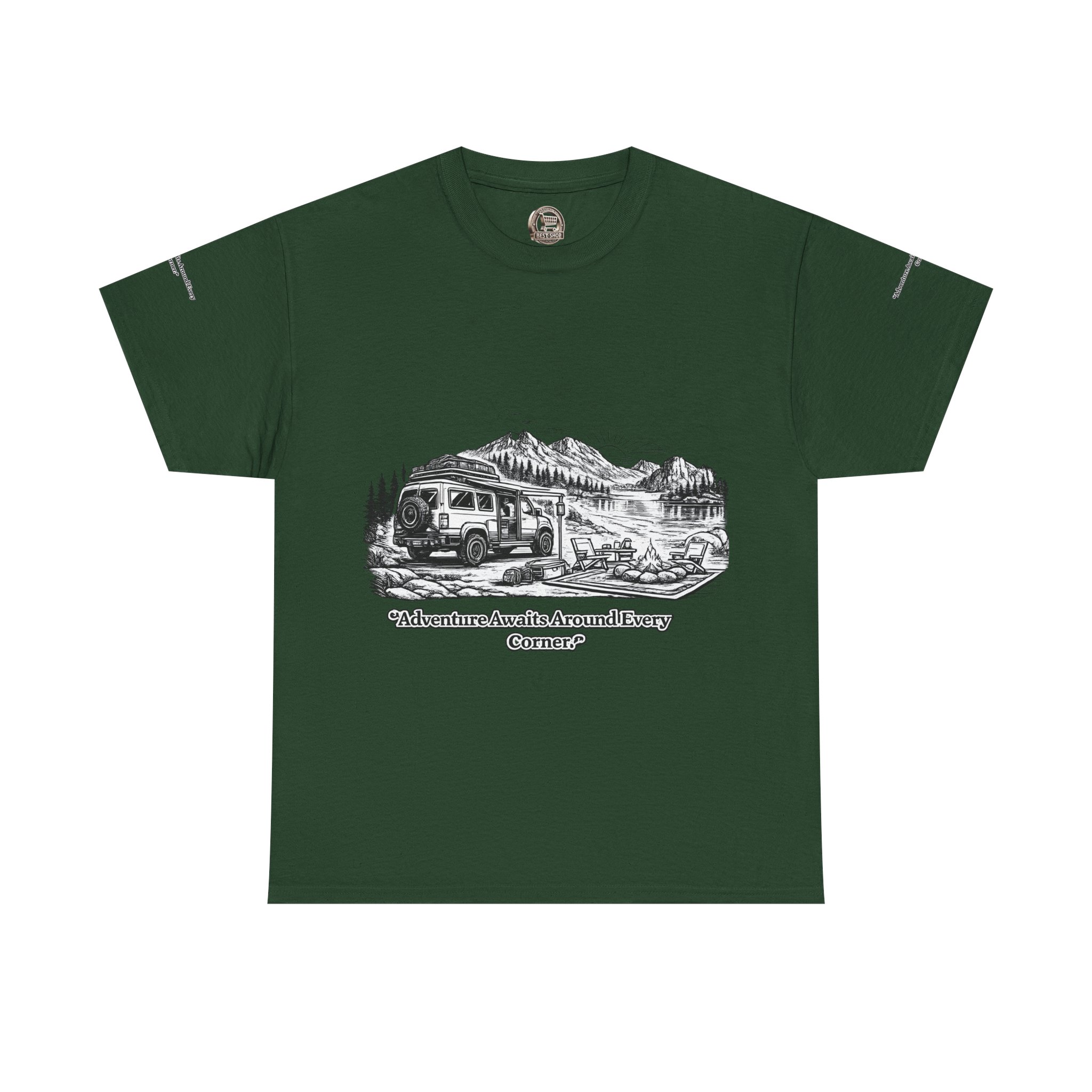 Unisex Heavy Cotton Tee — "Adventure Awaits Around Every Corner" Design Minimal-Line