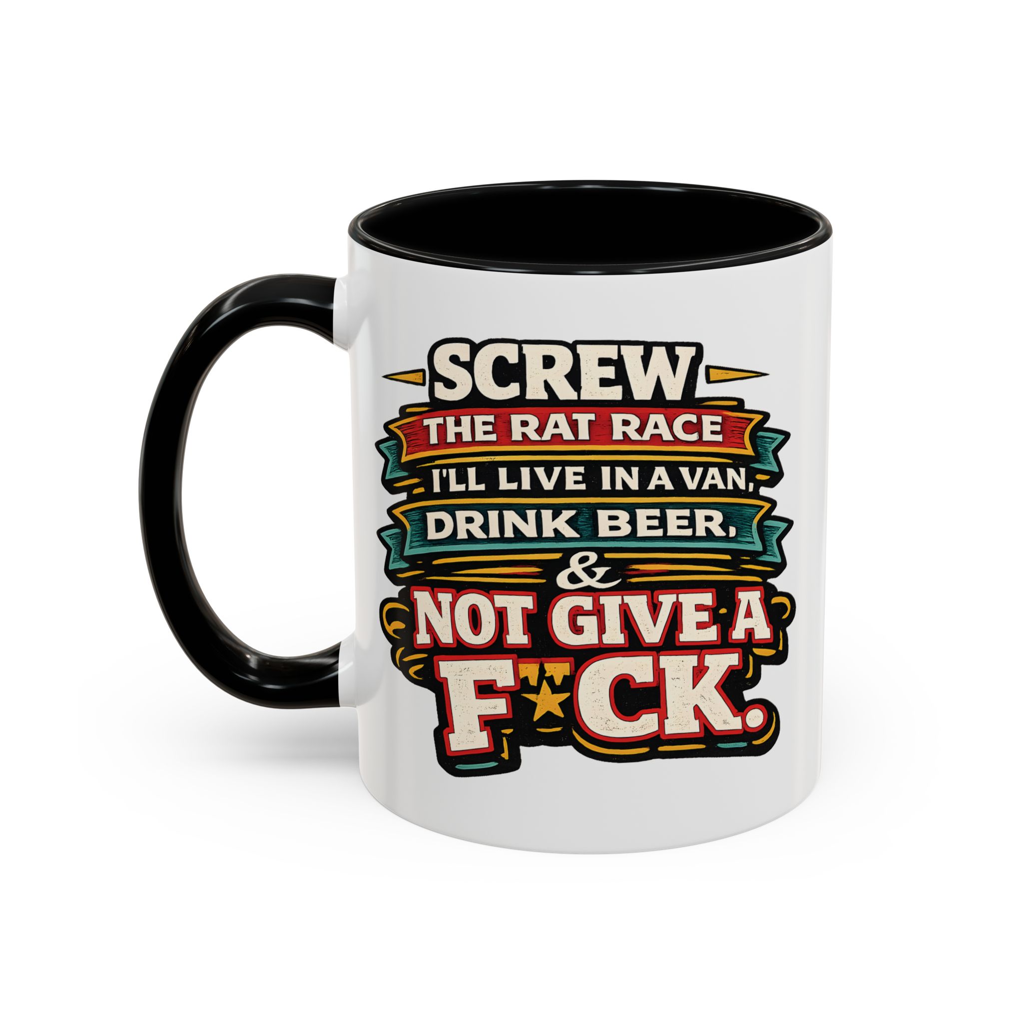 Accent Coffee Mug (11, 15oz) — "Screw The Rat Race" Design F**K-Line