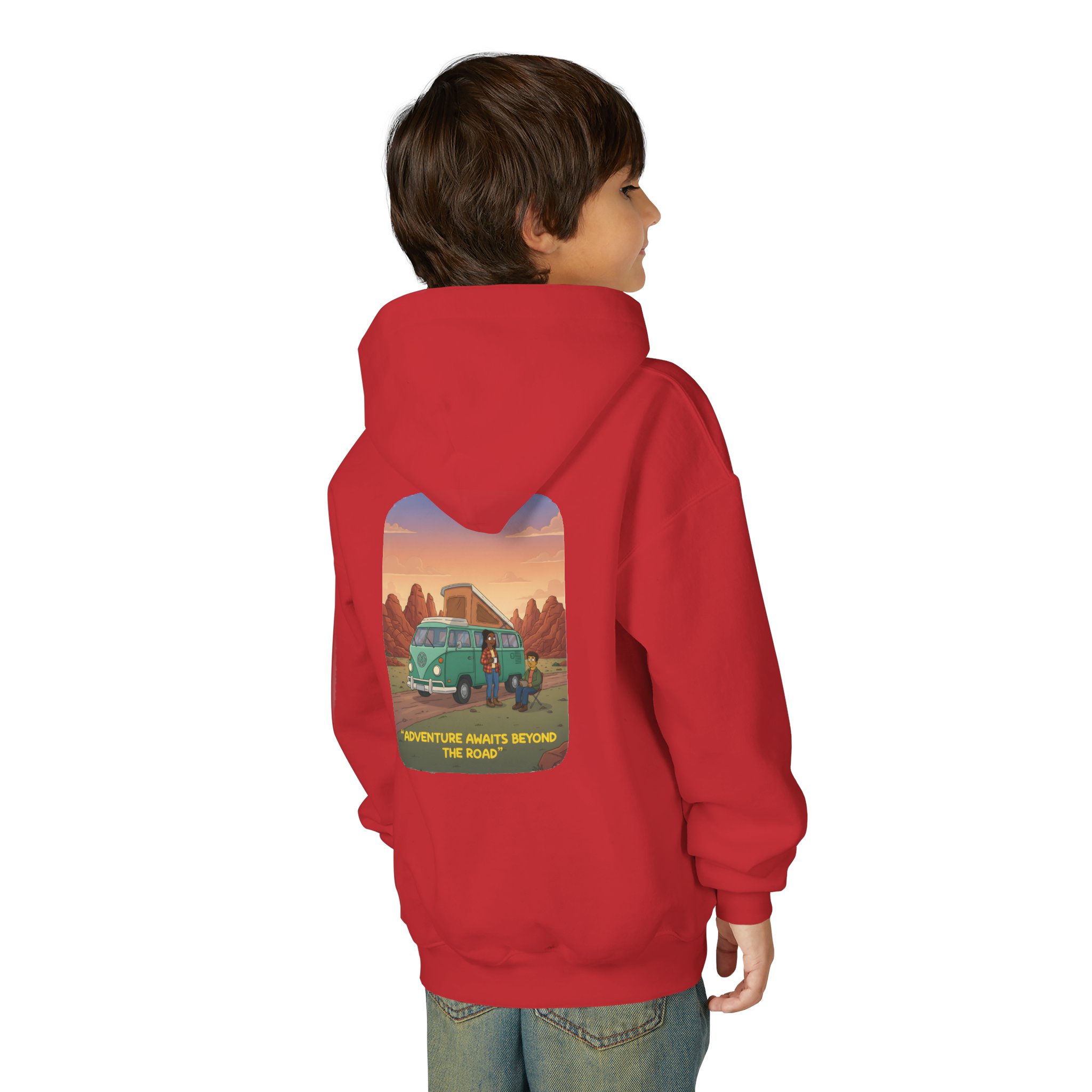 Youth Hoodie(Gildan) – "Adventure Awaits Beyond The Road" (Design Sitcom-Line)