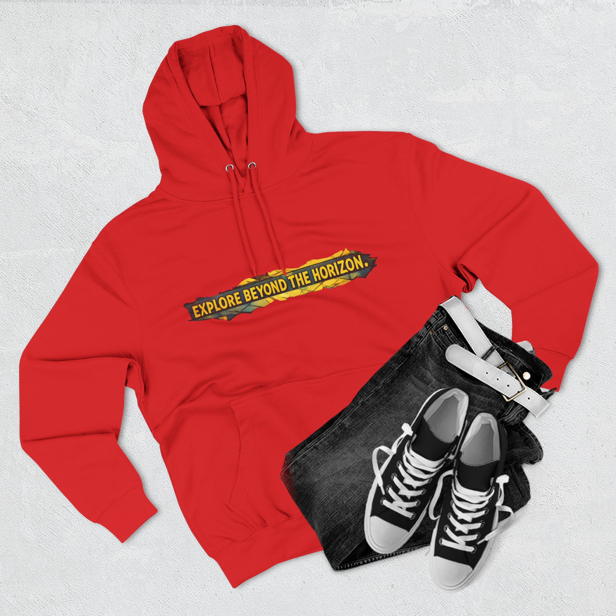 Three-Panel Fleece Hoodie - "Explore Beyond The Horizon" Design Cubic-Line
