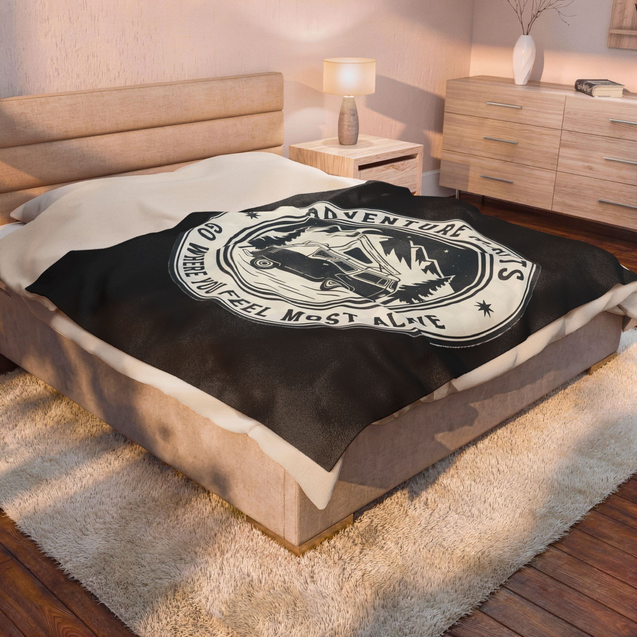 Velveteen Blanket —"Adventure Awaits-Go Where You Feel Most Alive" Camper Throw